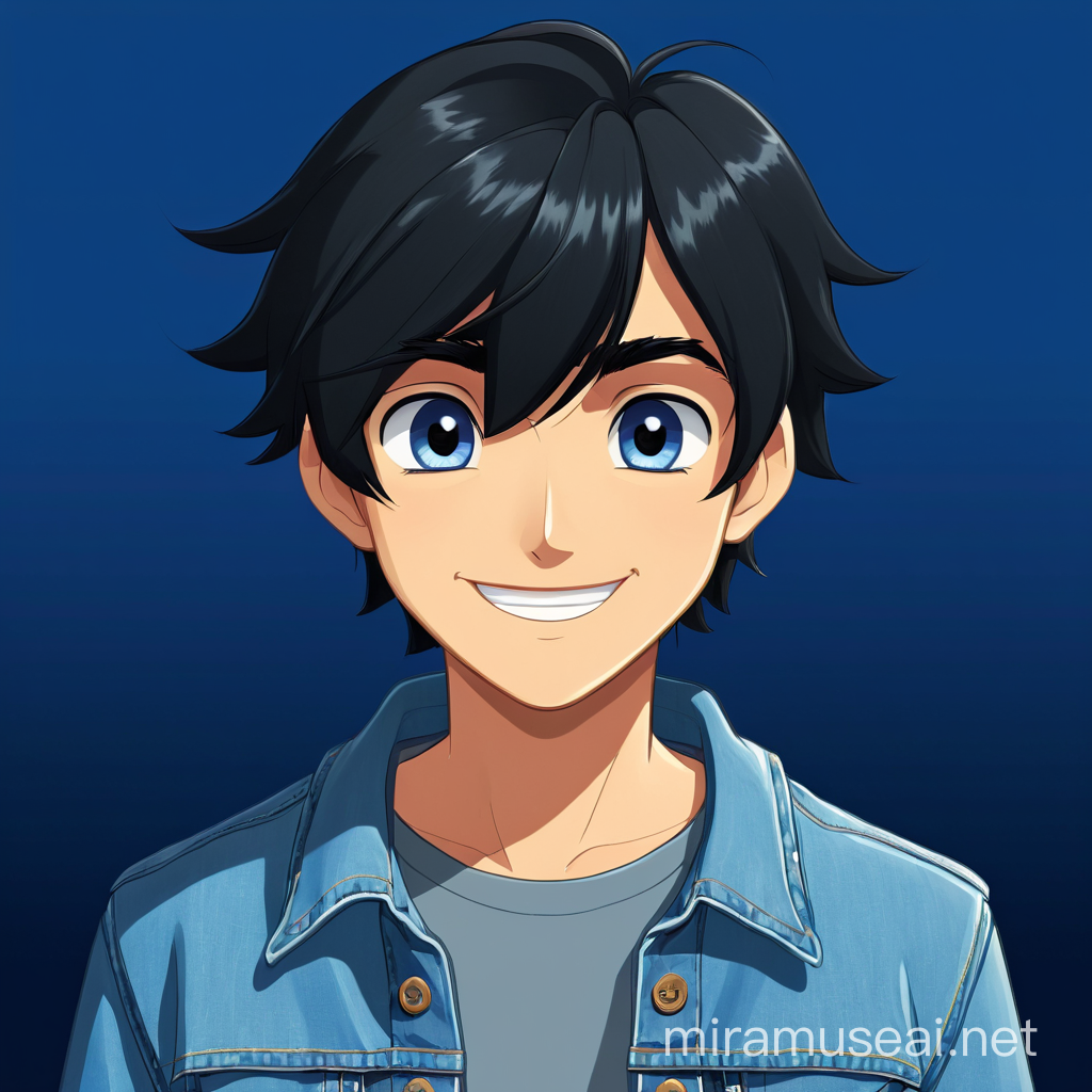 Disney-style young man, with blue eyes, black hair, short hair, a denim jacket, happy, friendly  looking at the camera facing forward, front view 2d, straight-on, cute