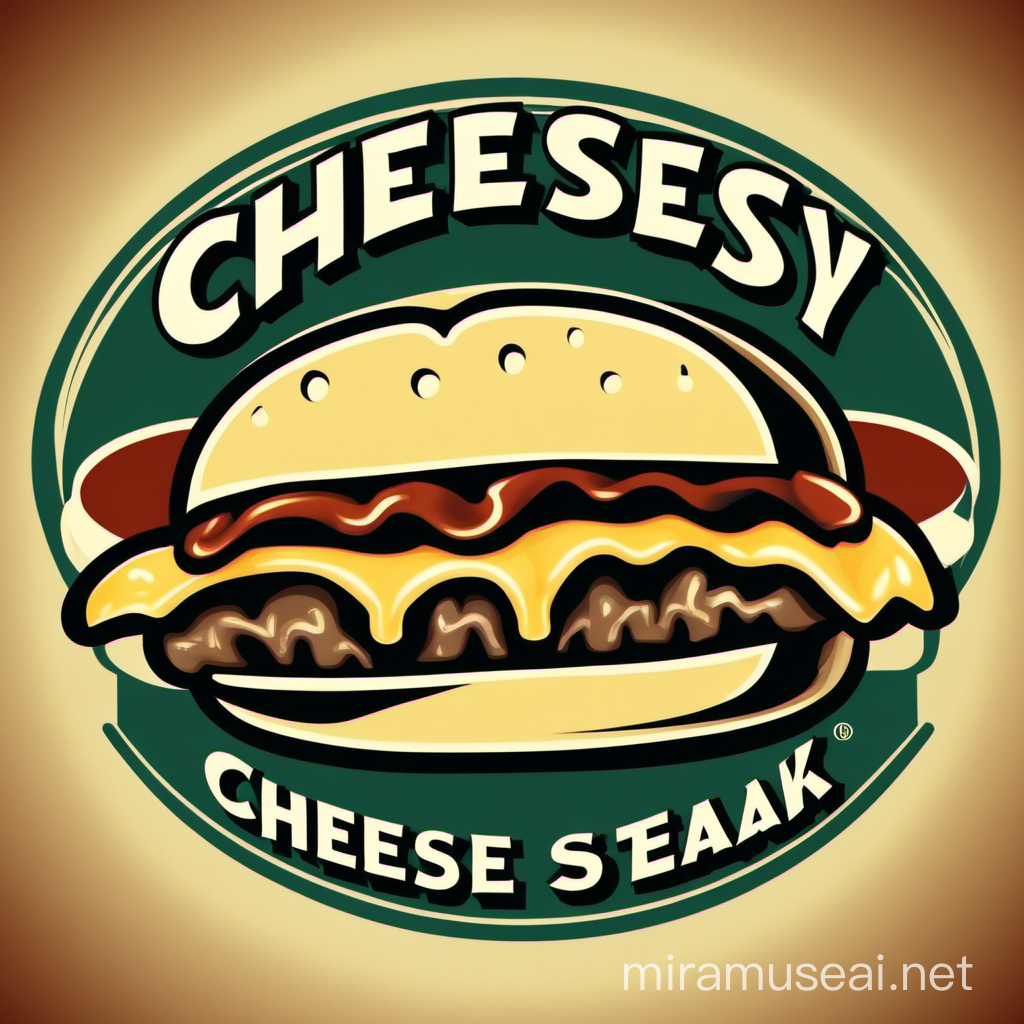 a retro style cheesy cheese steak, the cheese steak should be in a hoagie bun, the image should work as a logo 