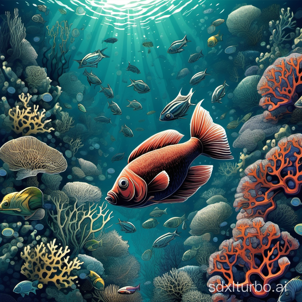 Deep sea, biomimetic fish, coral，mysterious，school