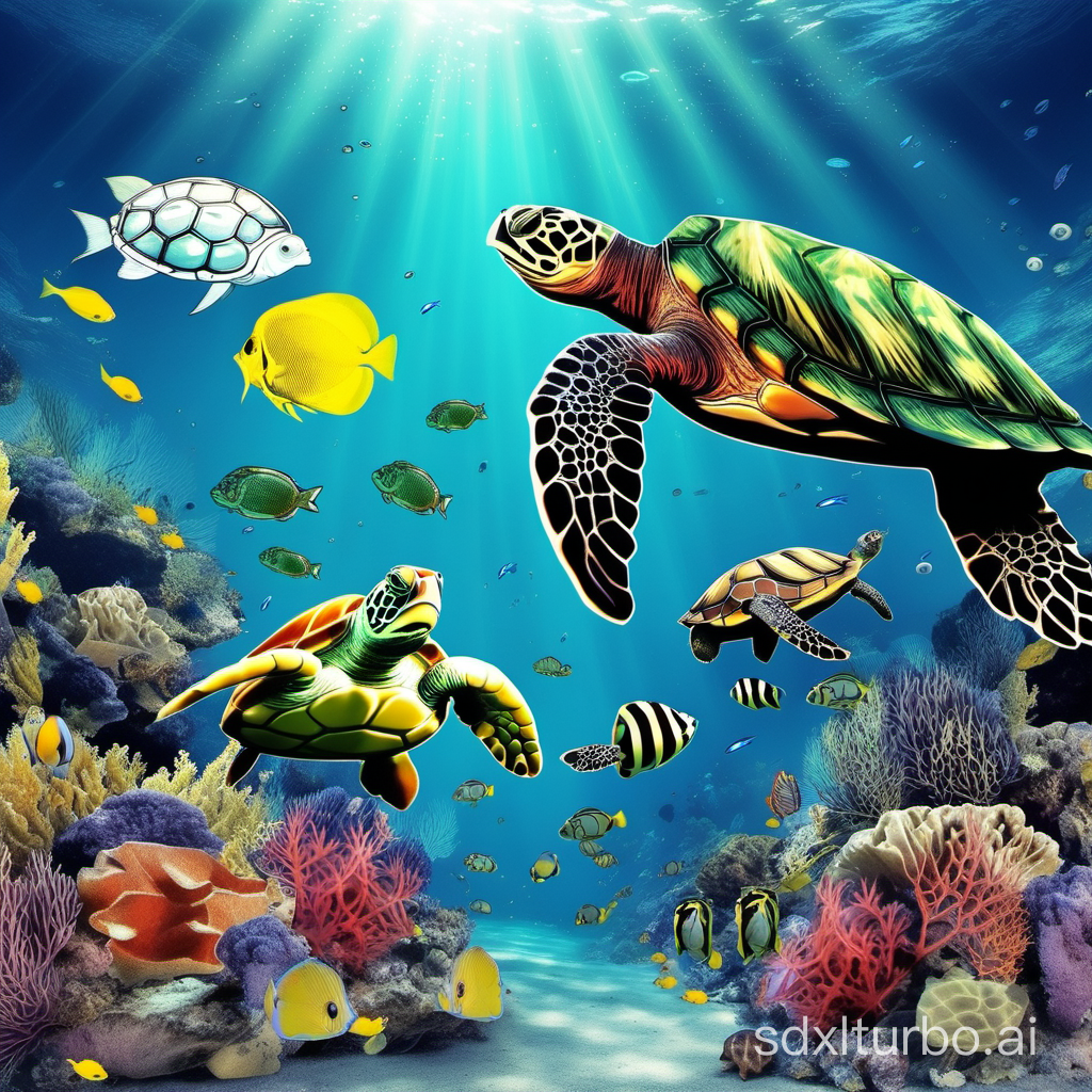some beatiful fish and turtle under the sea