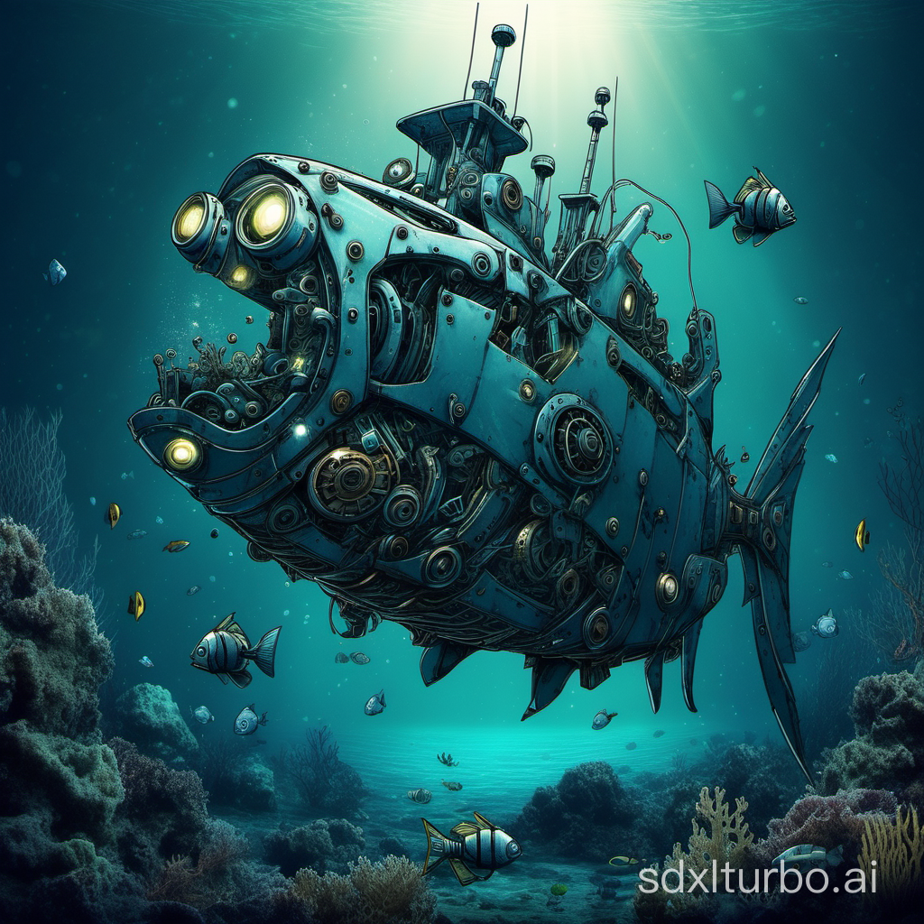 deep sea,broken ship,night,robot while,robot fish