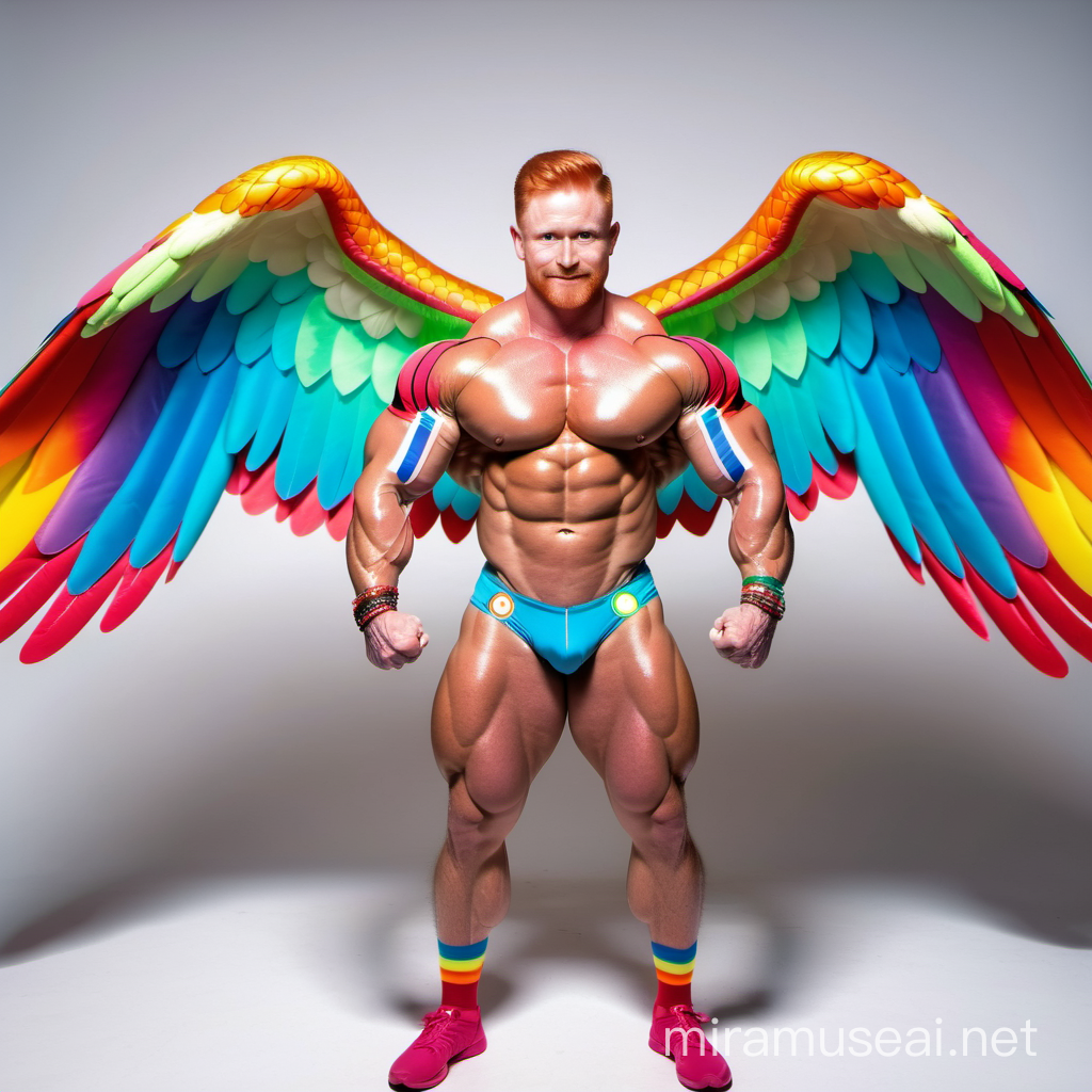 Topless 40s Ultra Beefy Redhead IFBB Bodybuilder Daddy wearing Multi-Highlighter Bright Rainbow Coloured See Through Eagle Wings Jacket and Flexing Big Strong Arm with doraemon
