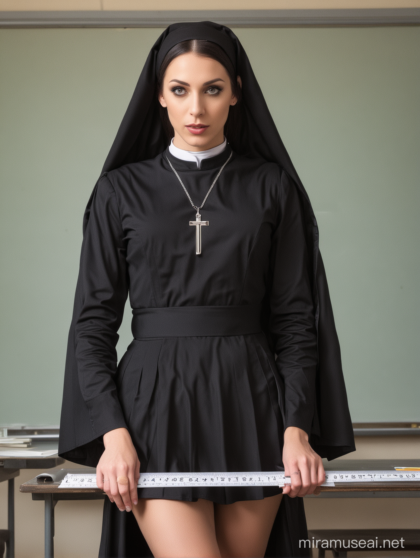A transsexual  sexy nun holding a ruler in a school. outfit sexy, cleavage.