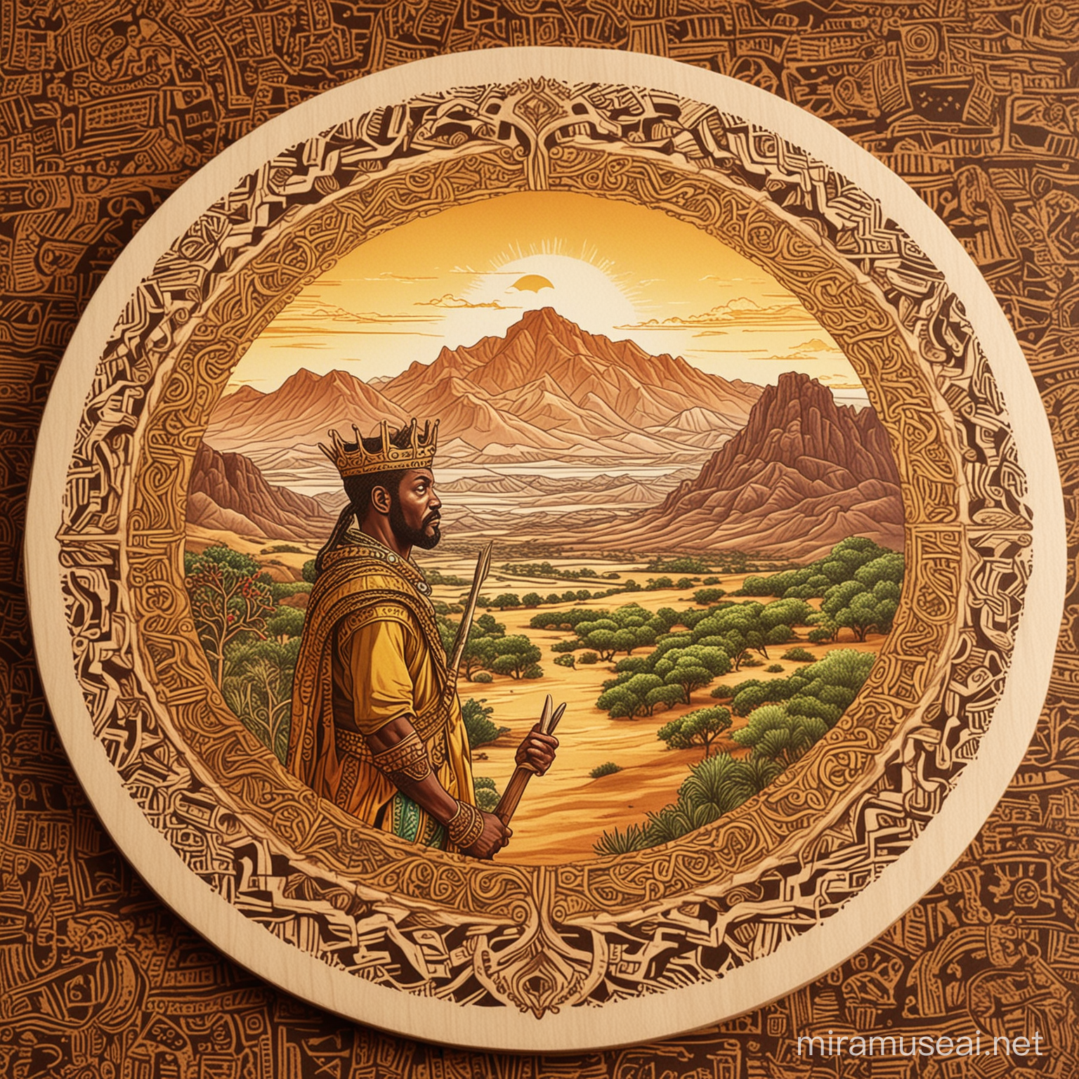 create a circular 
logo, realistic  adult coloring book style, African inspired, west Maui mountains and the image of an african king at the centre  the in background,  simplified, cultural inspired, 2 colors, vector, include logo name "The Spice Kingdom" on bottom of logo, block print. make the view to have a tint yellowish gold
