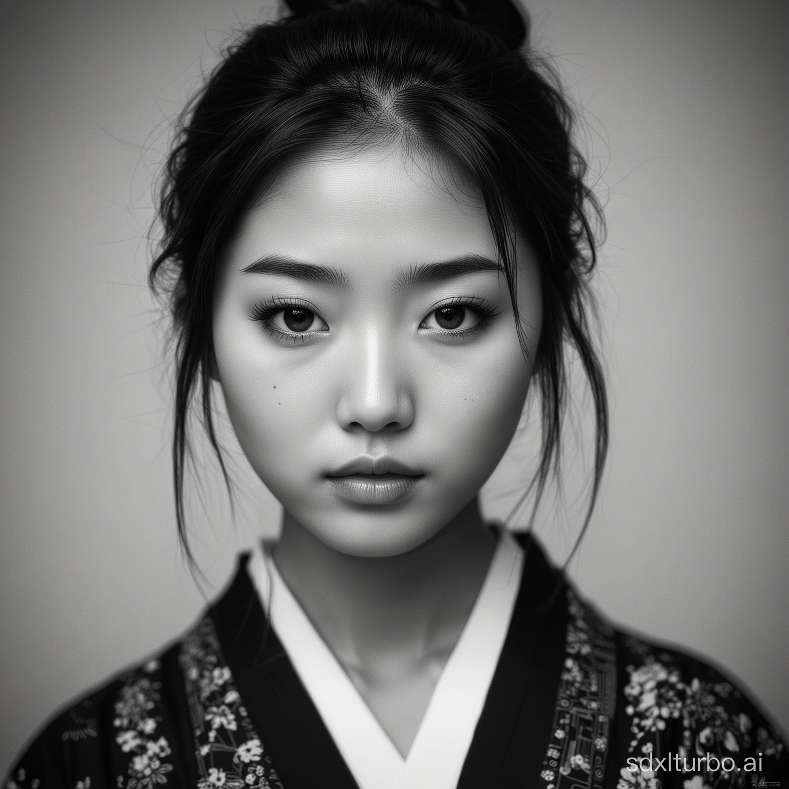 1 Japanese girl ,black and white photograph style of “Faces of A.Picolo" series