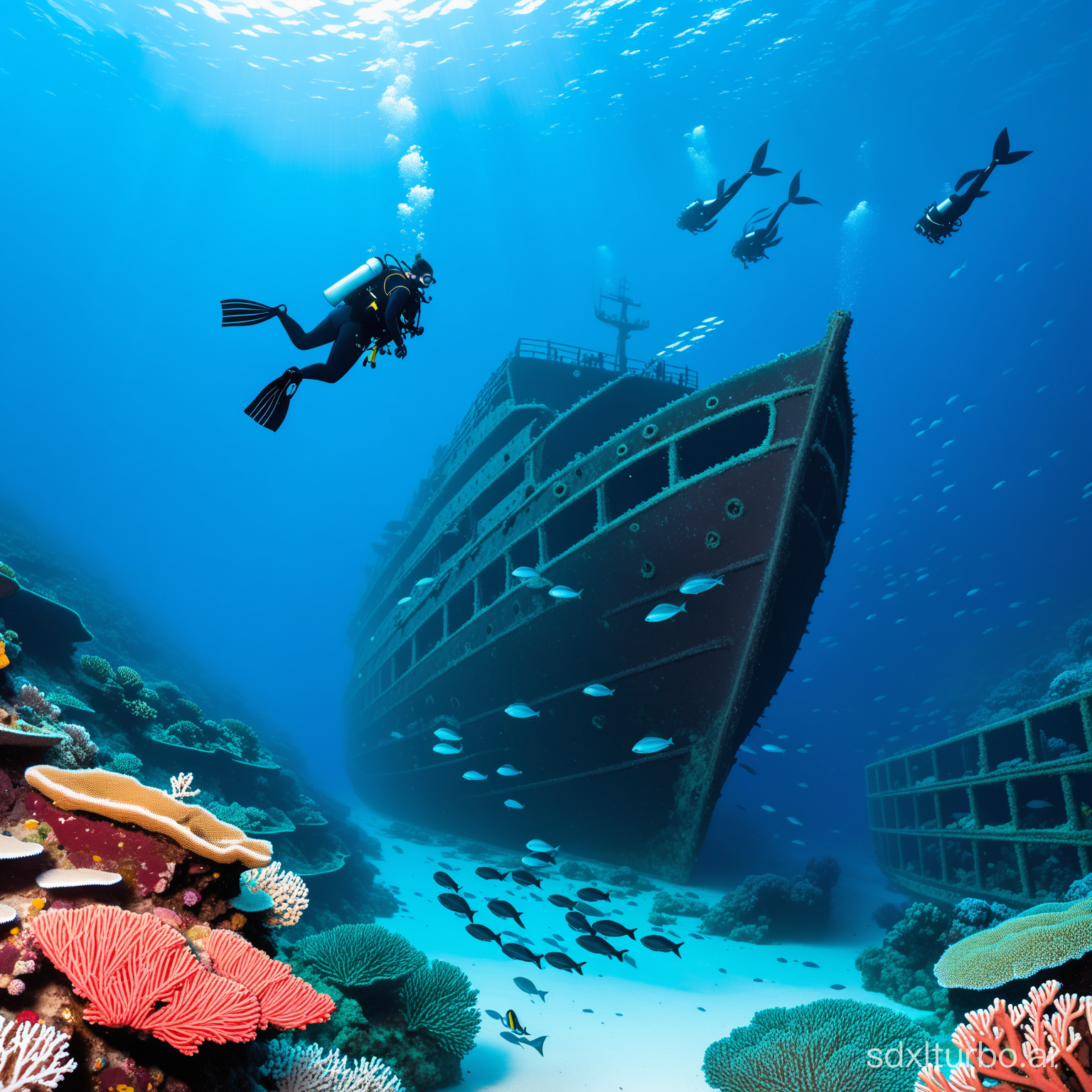 Deep sea, coral, a sunken ship, divers, fish