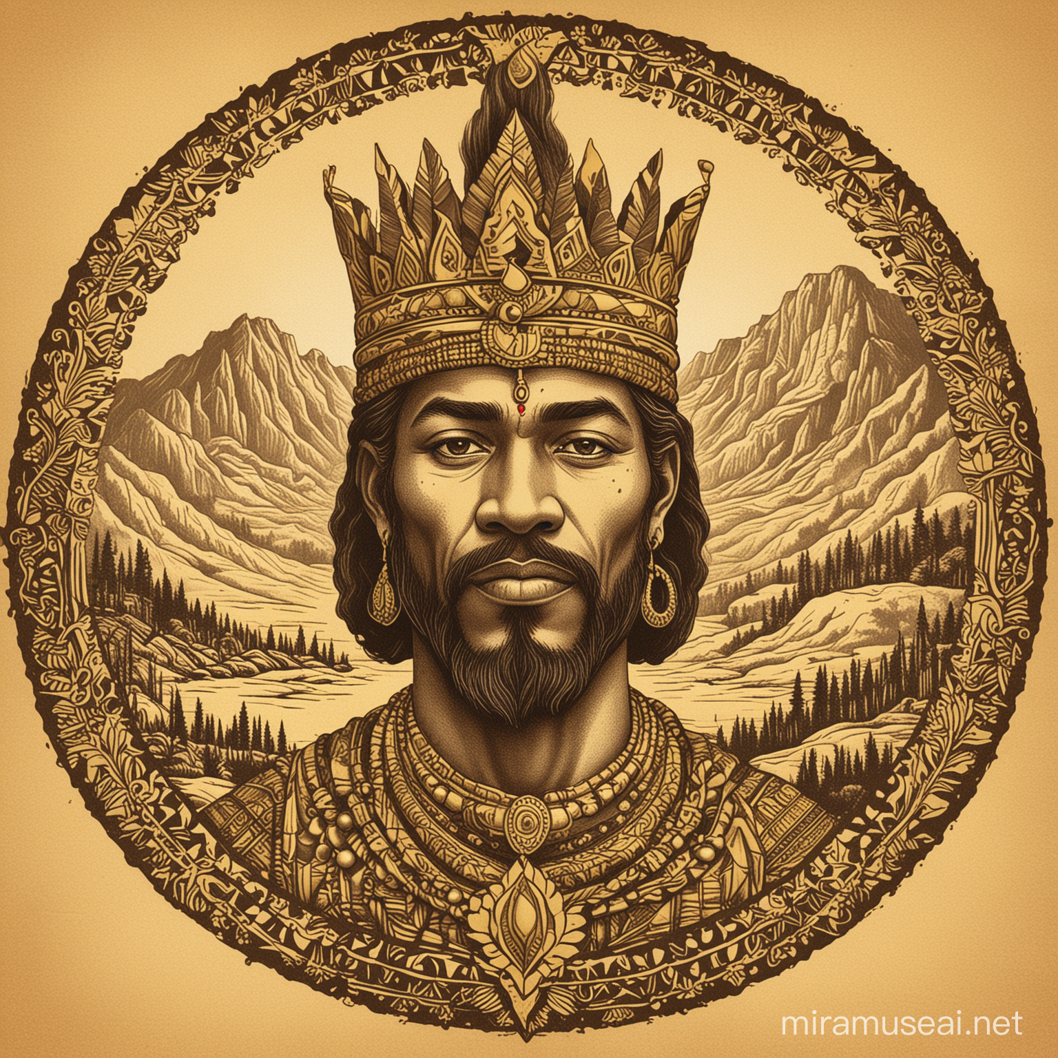 create a circular logo, pencil drawing style, indian inspired, west Maui mountains and the image of an african king at the centre  the in background,  simplified, cultural inspired, 2 colors being teel and sulfur yellow, vector, block print. make the view to have a tint  ultra yellow gold
