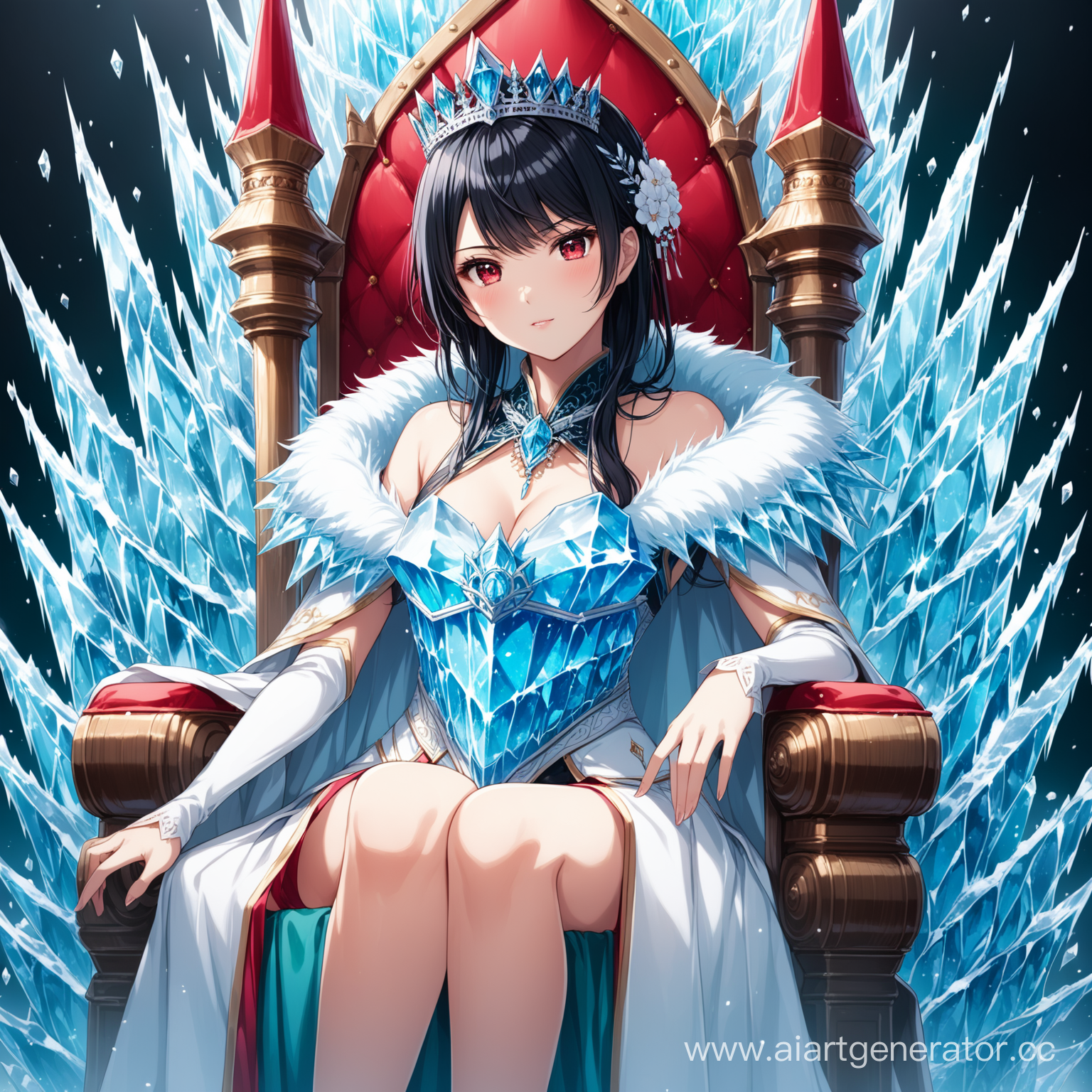 Хорикита Сузуне сидит на троне, королева льда, чёрные волосы, алые глаза