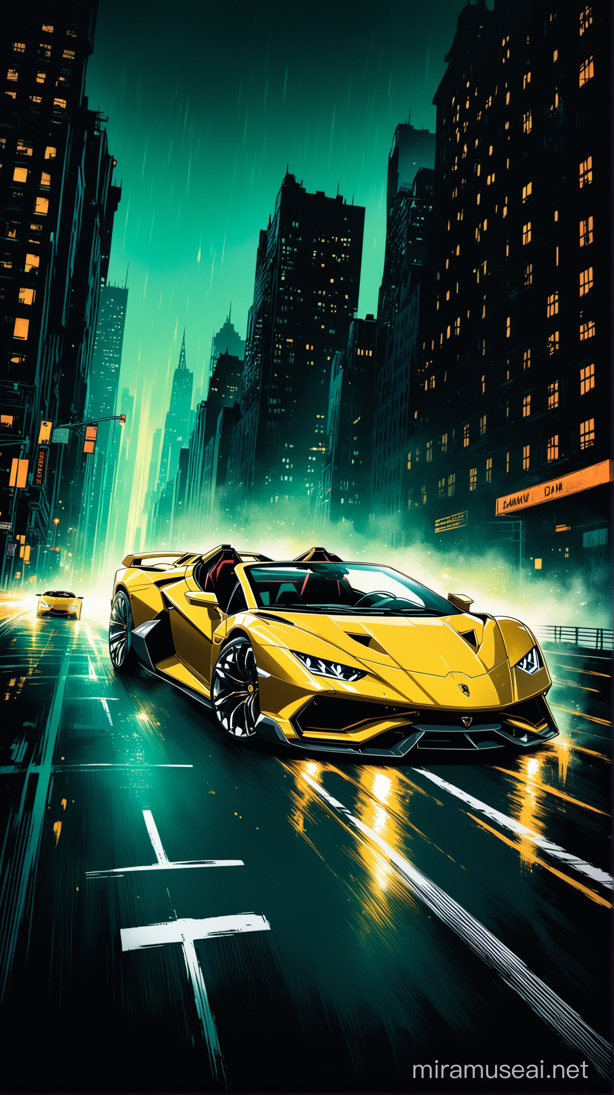 A high contrast poster showing an exciting yellow Lamborghini sian roadster with red lines, coming out of a corner at high speed with a sense of danger.  The car has stickers on its doors that say "Amaury."  The background is dimly lit New York City, with bridges and buildings in the distance.  The illustration captures the intense atmosphere of the moment, full of cinematic lighting, illustration, poster, dark fantasy, painting and high contrast