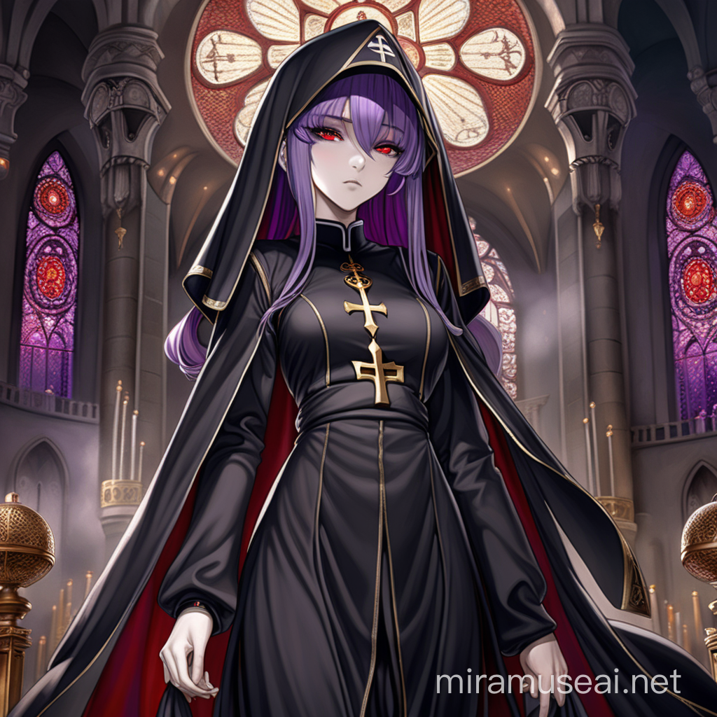 High detailed, Nun, Frightening Appearance, Anime Style, Manga Style, Drawing, Attractive Girl, Purple Hair, Red Eye, Villainous Look, black and Gold clothes, Tall stature, Ashen Skin, Dark Tone, Elegance, Veil, Revealing Dress, Full Body, Temple on the background.
