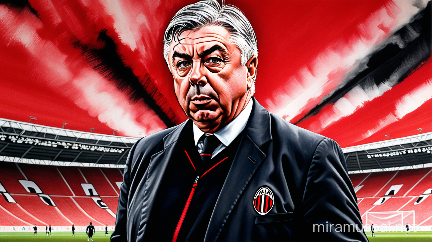 comic book painting of Carlo Ancelotti as ac milan coach, wearing ac milan training suit, in training ground, stadium in the background full of ac milan flags and red flares, high contrast, bold brushstrokes, high-resolution