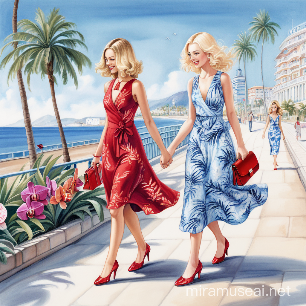 Joyful Friends Walking Along Seaside Promenade Surrounded by Palm Trees and Orchids