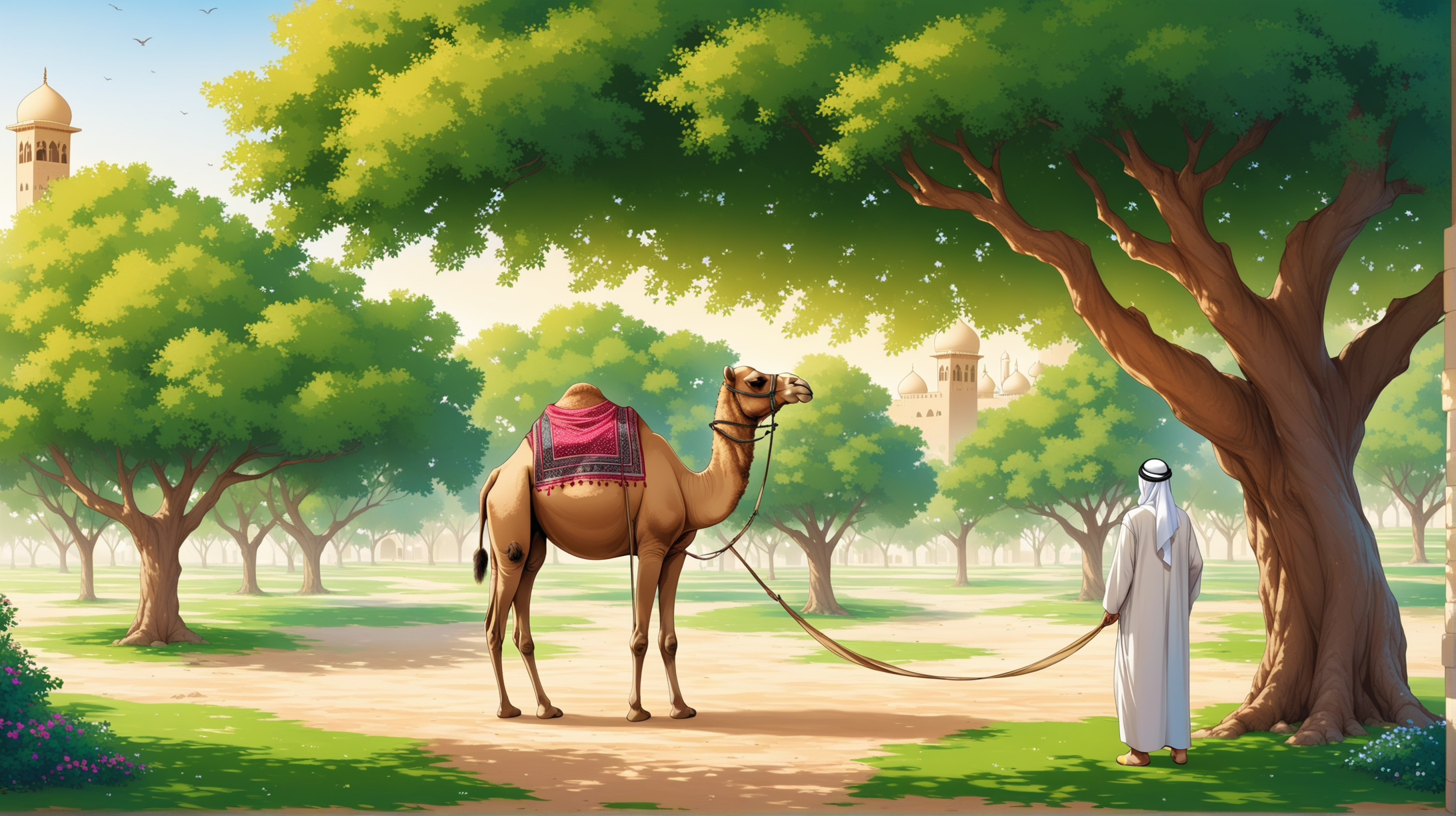 an Arab muslim in a garden full of trees , a camel tied in a tree