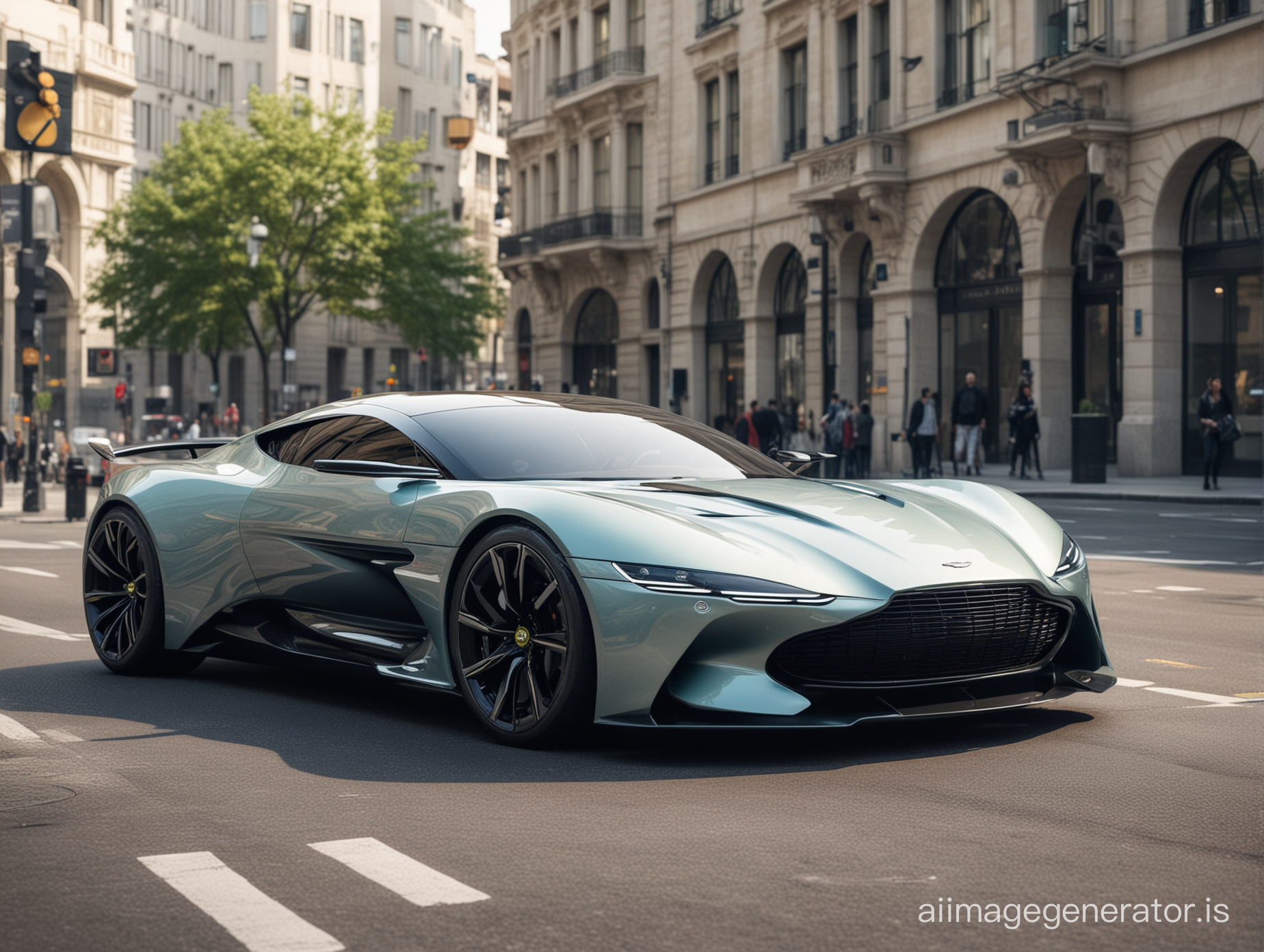 Aston martin in the year 2100, concept car for the year 2100 in modern city at noon