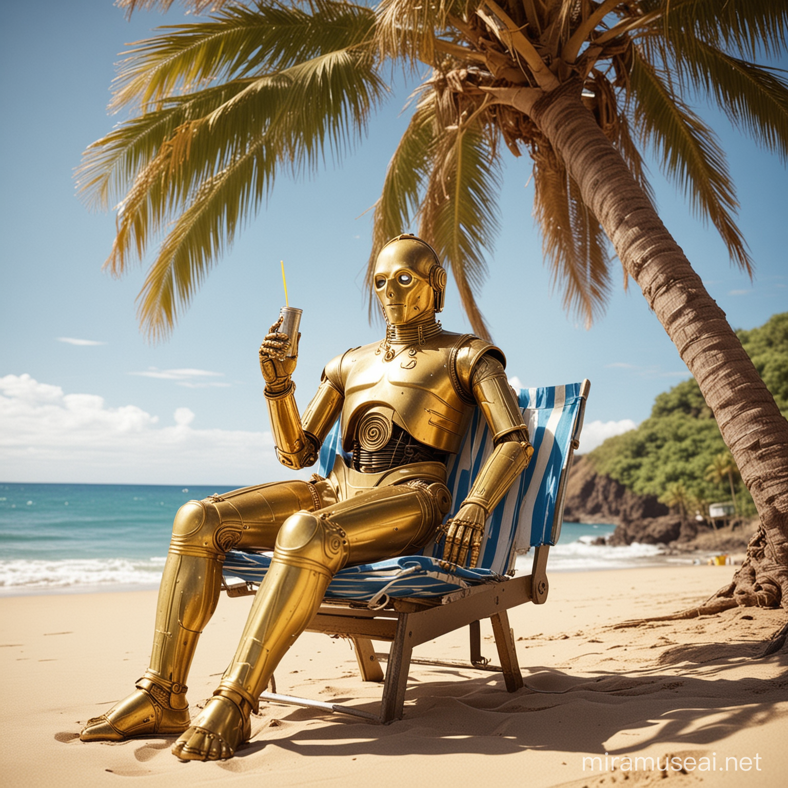 c3p0 on the beach in Hawaii. C3p0 is lying on a sun lounger under a palm tree. Next to it is a small oil can with a drinking straw.  Wide angle, vintage photo 1970 ultra realistic -