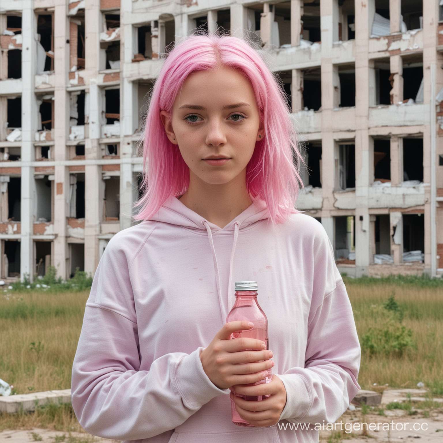 Девочка 16 лет с неформальной внешностью и розовыми волосами держит бутылку. Она стоит возле заброшенной многоэтажки и смотрит в камеру