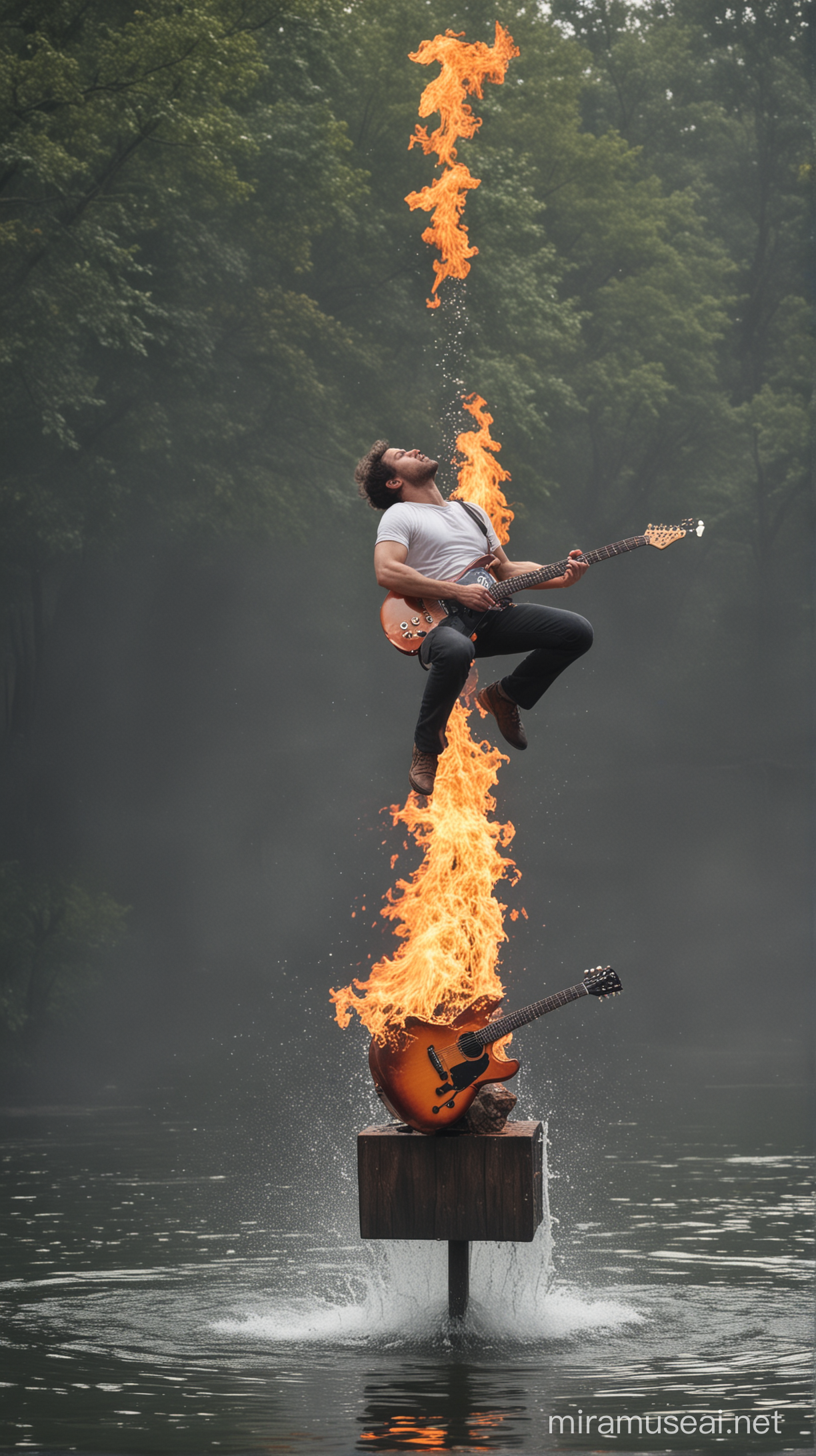 Guitarman, fire,  levitation, watter