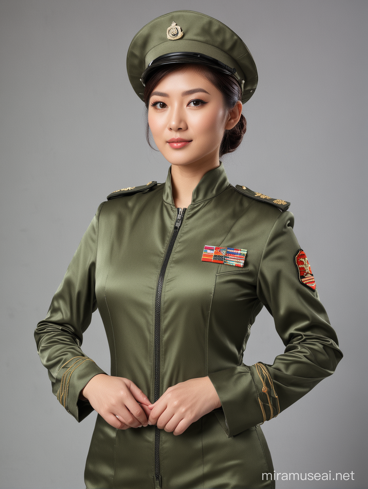Asian Woman in Elegant Silky Satin Military Uniform