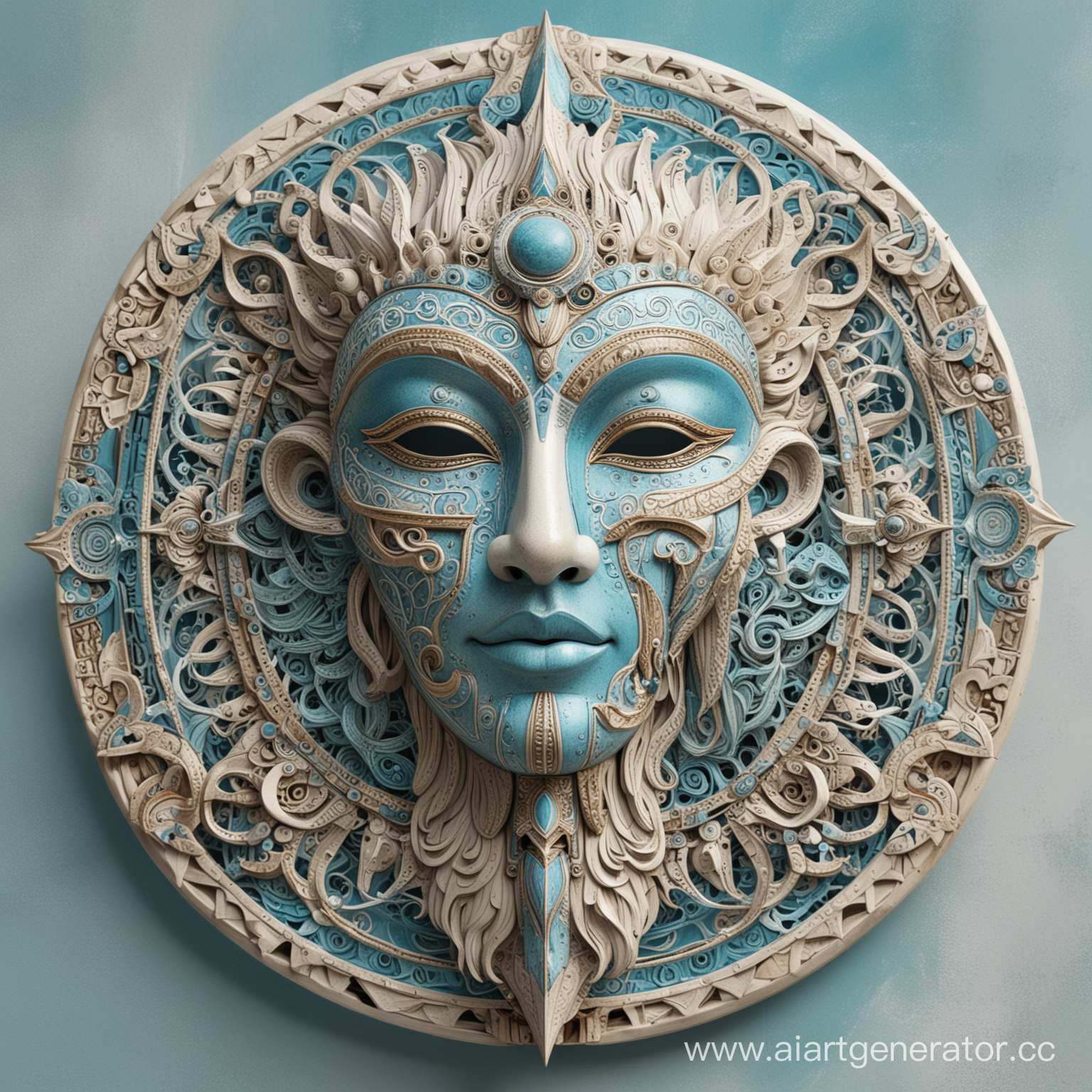 Интерьерная маска прекрасного небесного существа, символичная,  симметричная, в полный размер, сложно выполненная, со множеством деталей и фактур. Выполнена в синем, голубом, бирюзовом, белом, бежевом , серебряном цветах.