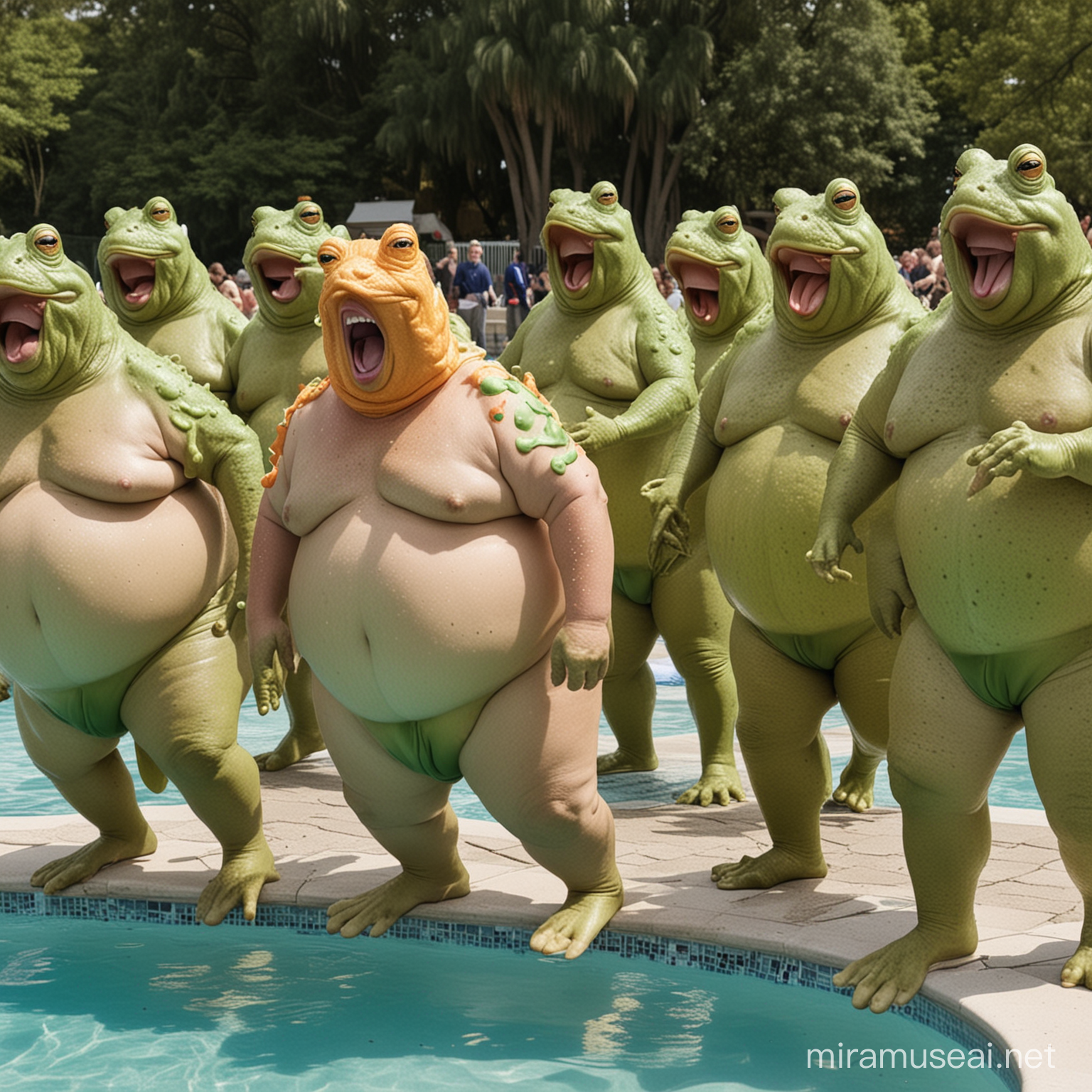 Viele dicke Männer hüpfen in den Pool vom wütenden Donald Trump im Froschkostüm 
