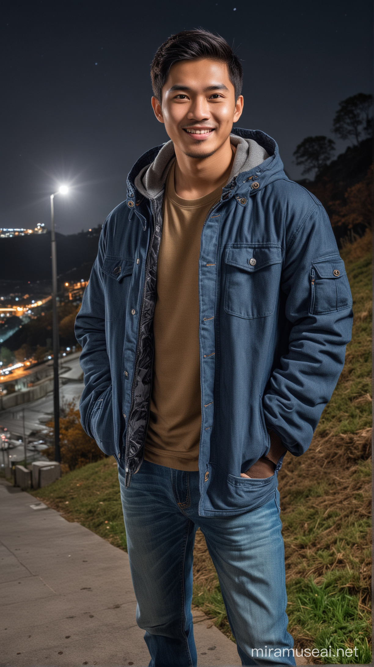 Smiling Indonesian Man in Winter Jacket Standing Under Moonlight on Hilltop