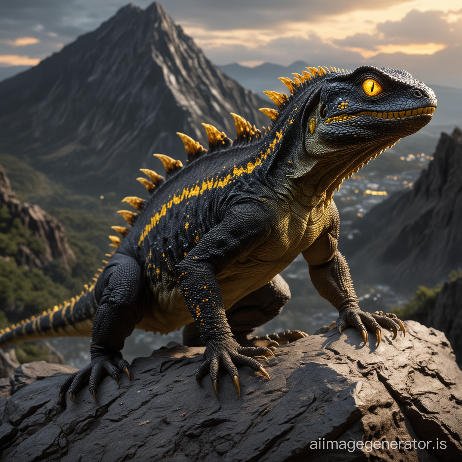 A lizard that has a black scale with glowing gold linings, yellow eyes, add a bit of Godzilla and is the size of a house standing in the middle of two mountains.