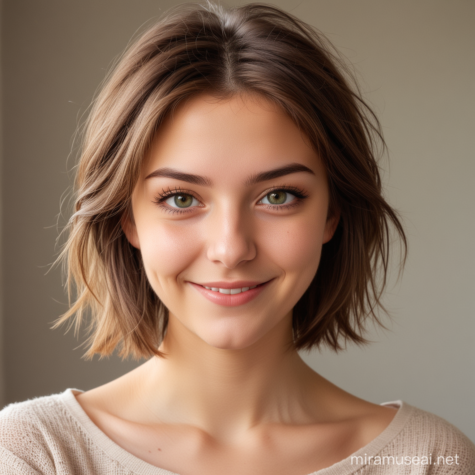 A pretty girl. She is 18 years old. She has short shoulder-length brown hair. Her eyes are green. She smirks mischievously