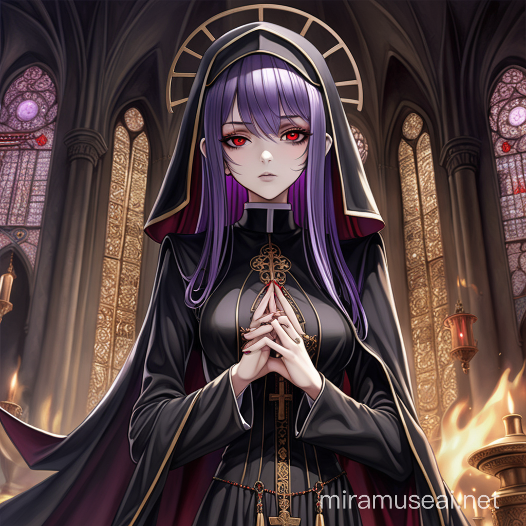 Elegant Anime Nun with Purple Hair and Villainous Look in Black and Gold Attire