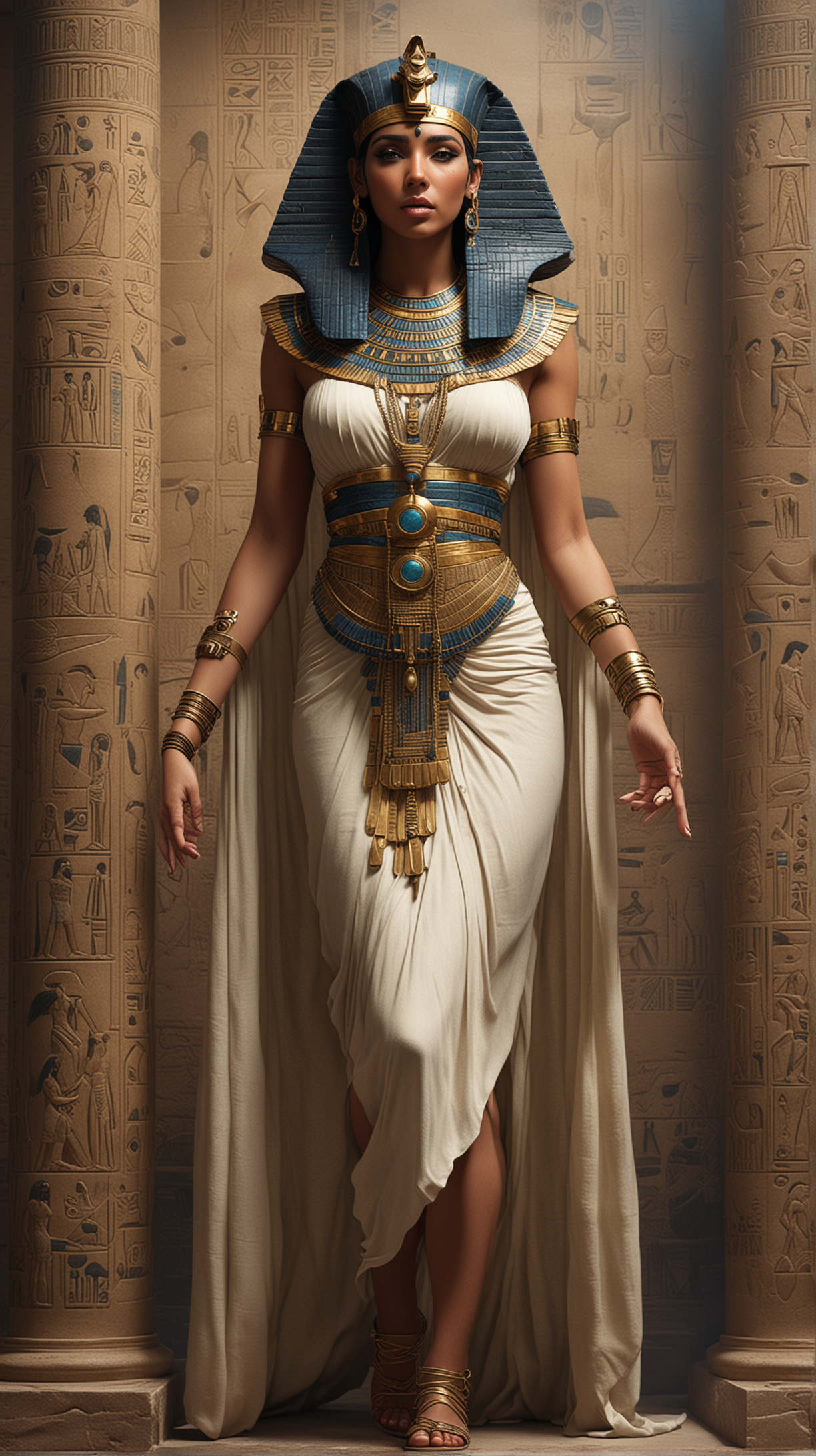 Create a unique image of majestic Cleopatra embodying her power, beauty, and mystery, immersing in the atmosphere of ancient Egypt using symbols, architectural elements, and clothing styles of that era. Hyper realistic