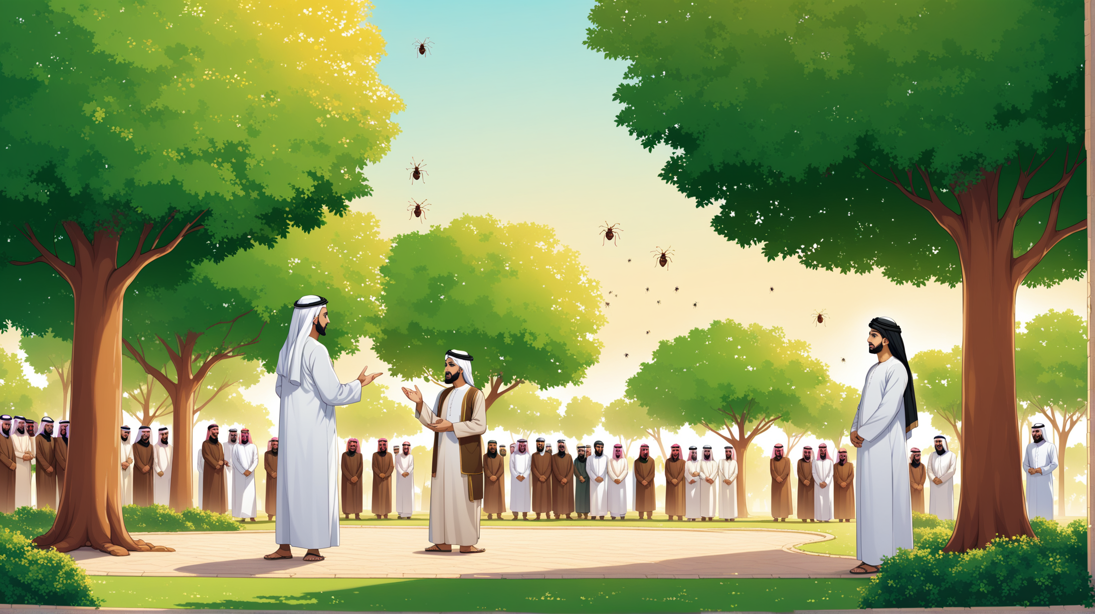 an Arab muslim in a garden full of trees , standing on height ant explaining to other Arab people