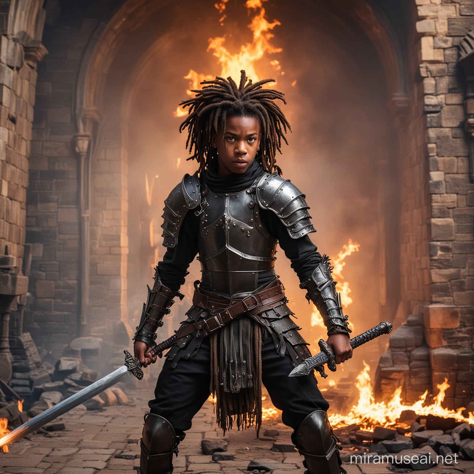 A very young black teenage boy warrior with dreadlocks and wearing an armor, carrying a sword and fighting in a castle, fire background.