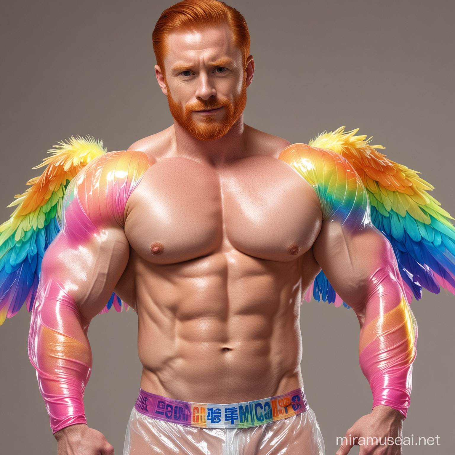 Topless 30s Ultra Beefy Redhead IFBB Bodybuilder Daddy wearing Multi-Highlighter Bright Rainbow Coloured Eagle Wings See Through Jacket and Flexing Big Strong Arm with doraemon