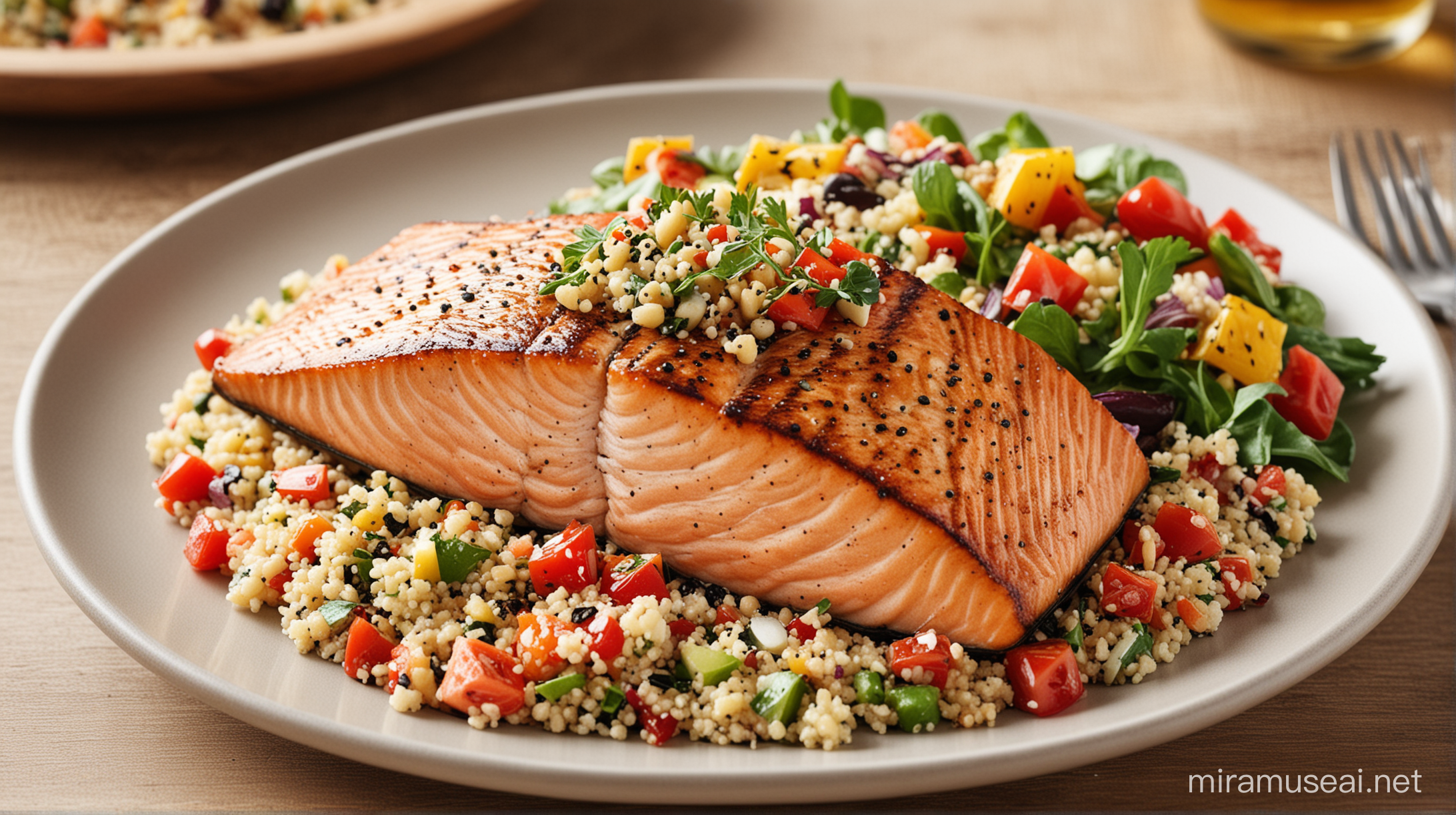 Grilled Salmon with Quinoa Salad Healthy Gourmet Dish on White Plate