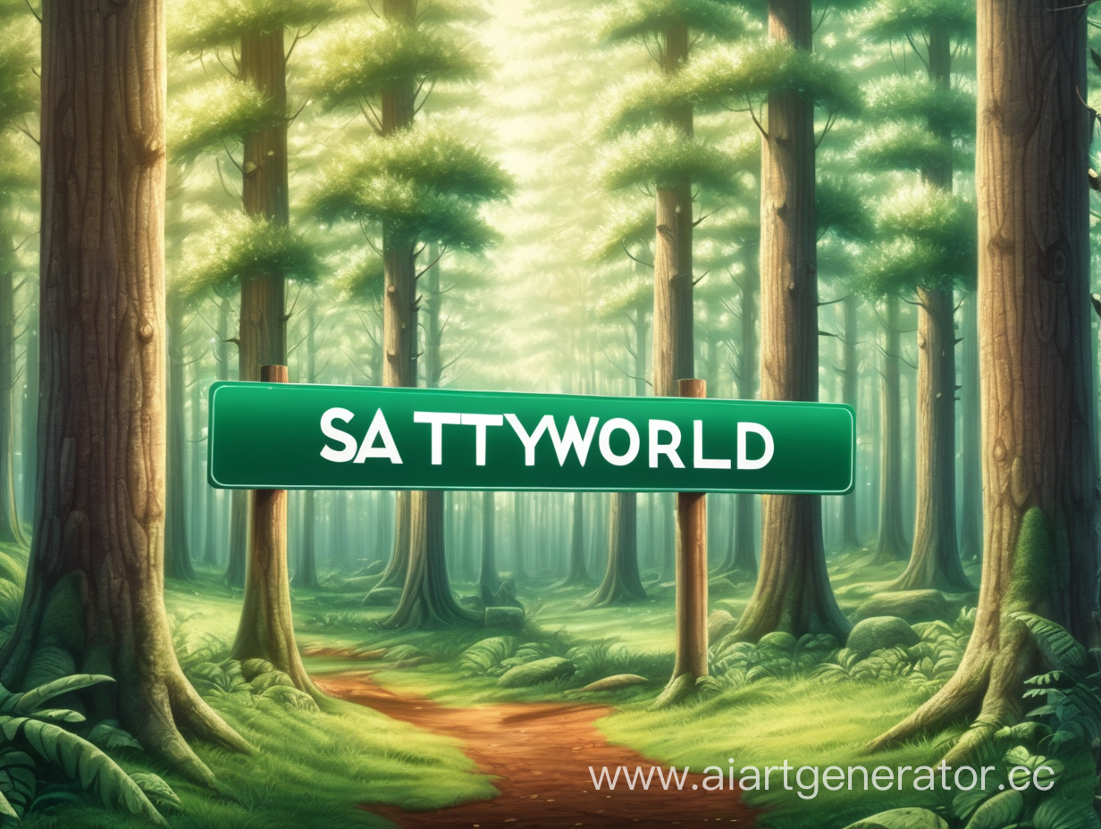 Красивый лес,а по середине большая надпись "SattyWorld"