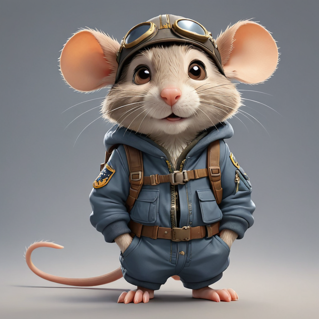 Cartoon Pilot Rat in Full Body Costume on Clear Background