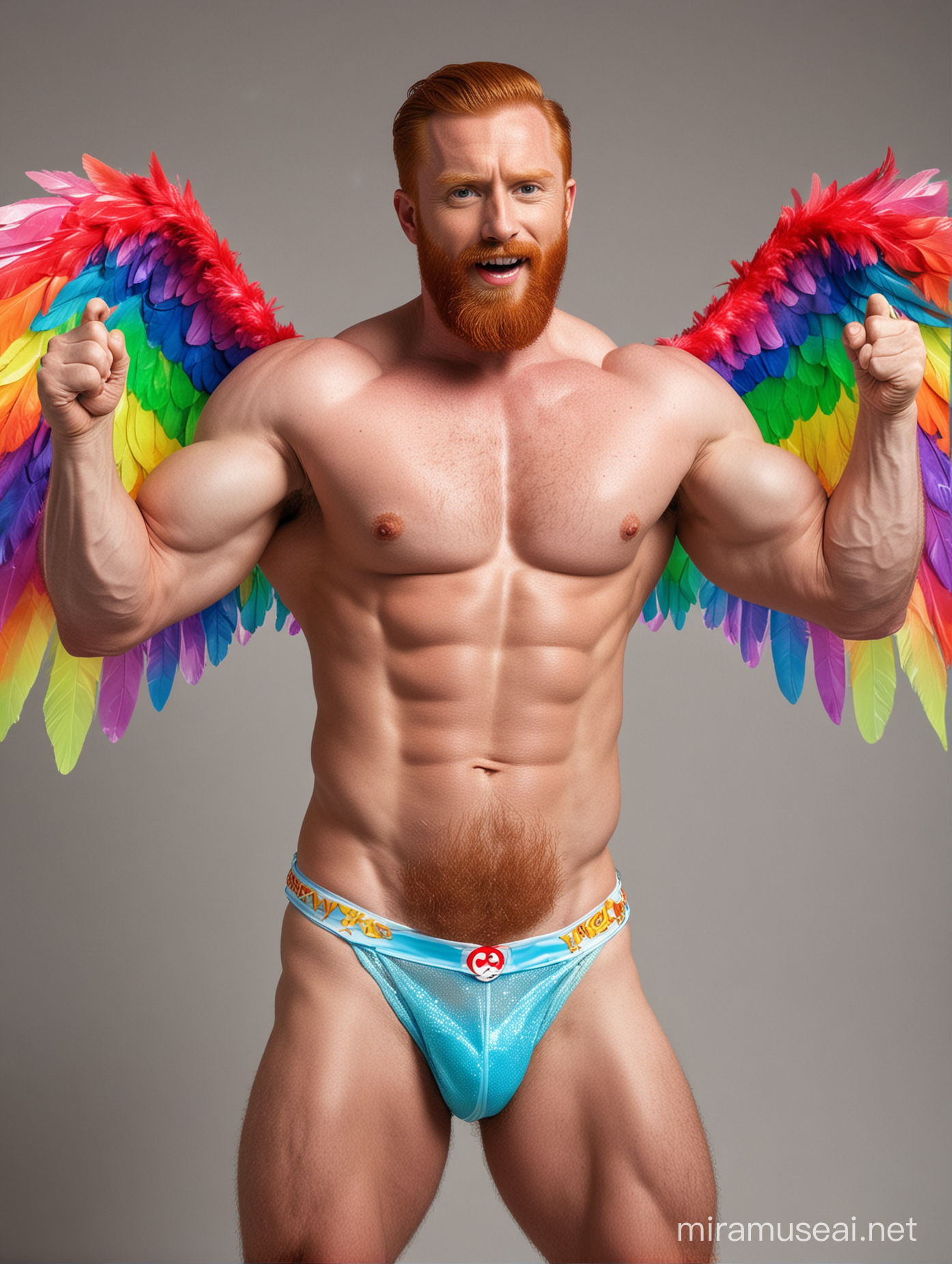 Muscular Redhead Bodybuilder Flexing Arm with RainbowColored Eagle Wings Jacket and Doraemon
