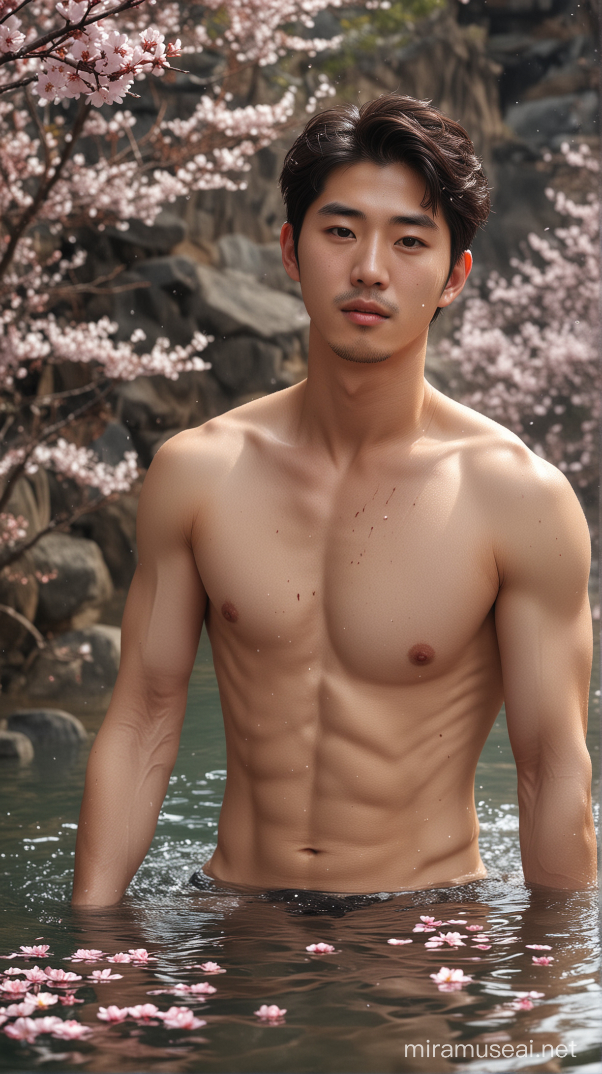 Handsome Korean Man Enjoying Cherry Blossom Onsen in Dynamic Pose