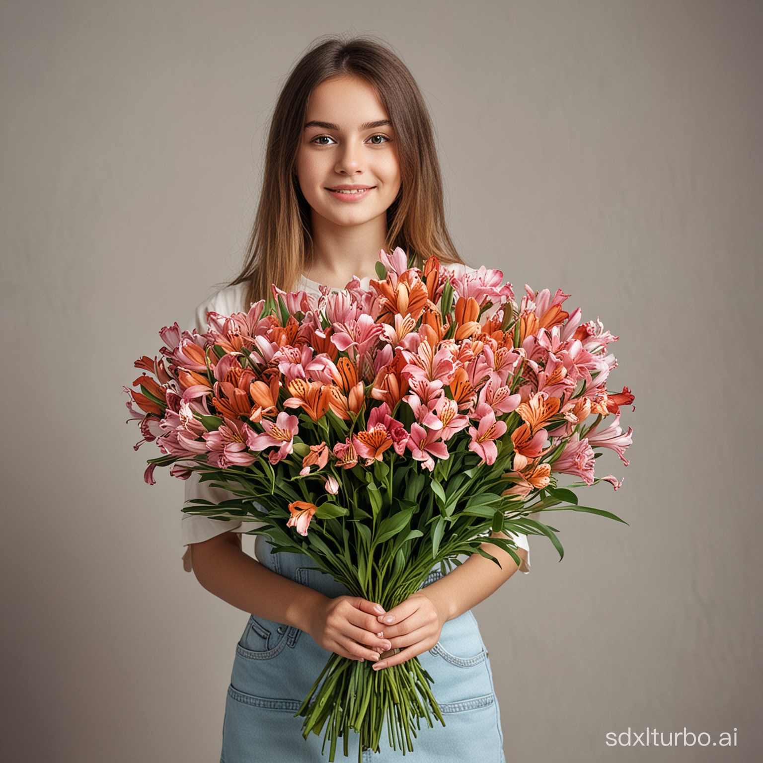 The girl holds a large bouquet of alstroemeria