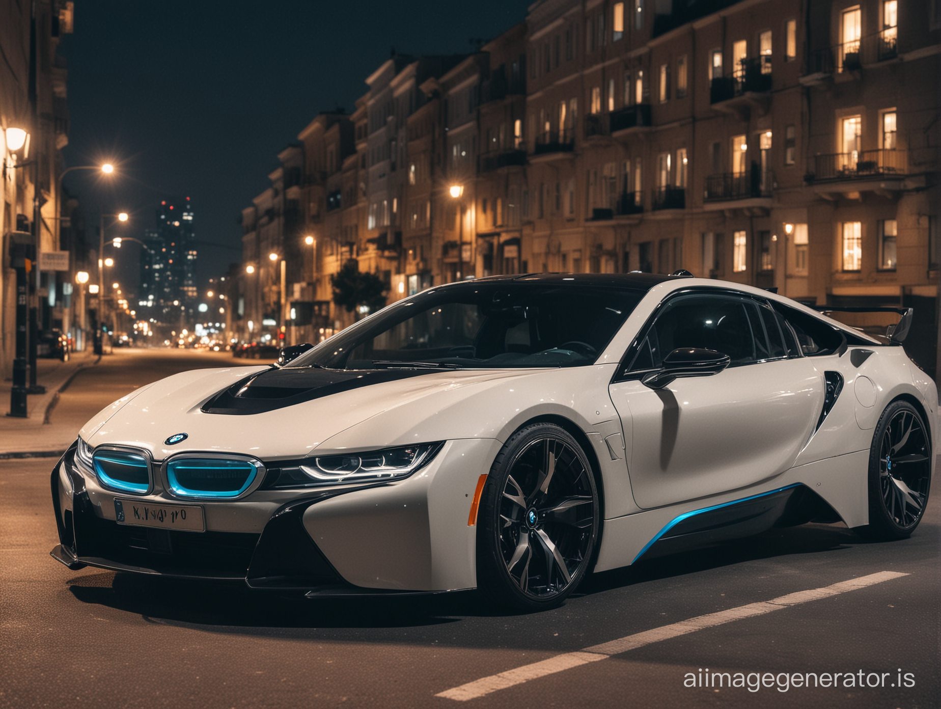 Extreme Khyzyl saleem version of the BMW i7 executive car (not i8) Heavy modifications. City at night.