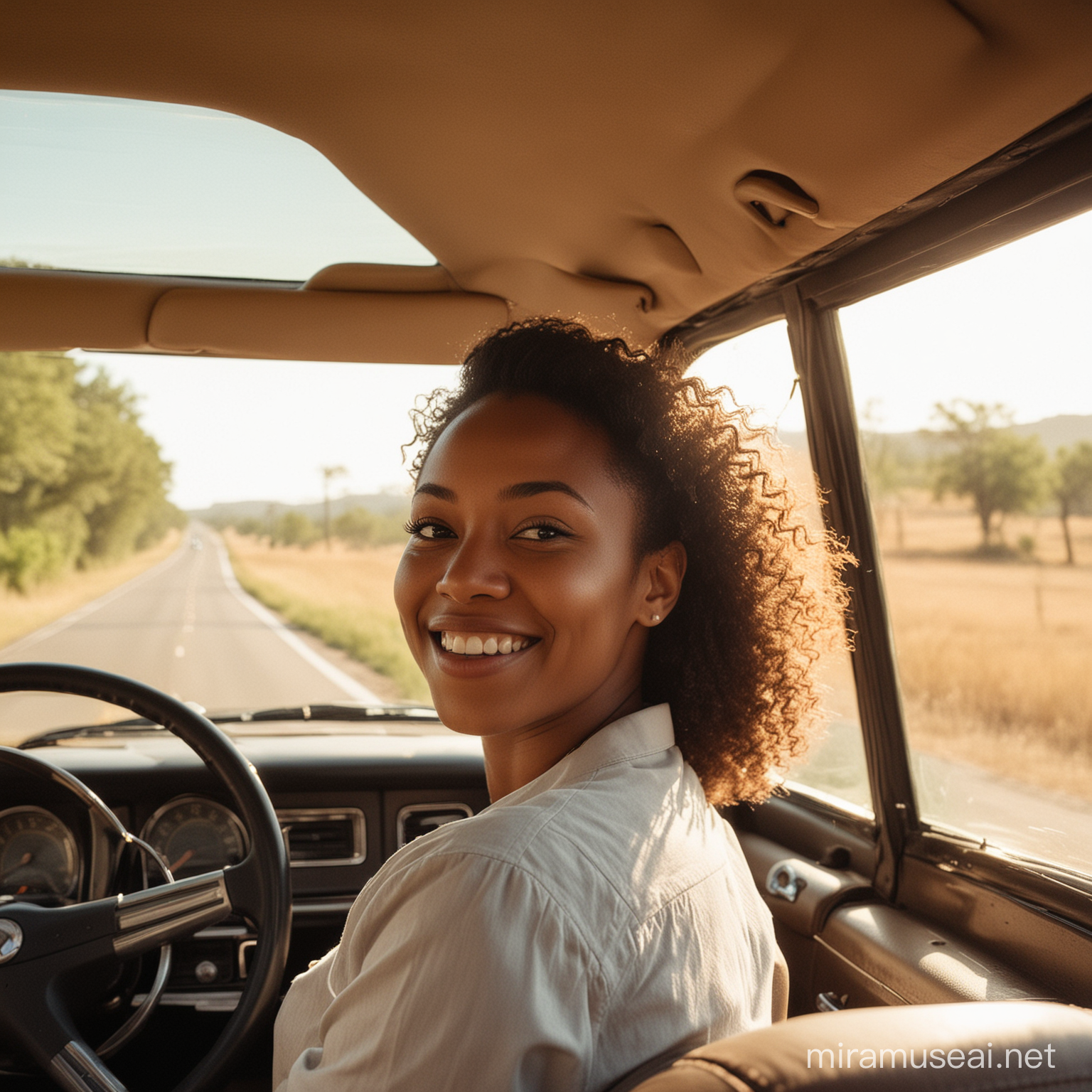 Through the windshield of the car, the view expands into a panorama of endless possibility, capturing the open road stretching out ahead. Bathed in golden sunlight, the asphalt ribbon winds its way through picturesque landscapes, inviting exploration and adventure.

In the driver's seat sits a happy African American woman, her hands resting confidently on the steering wheel as she gazes out at the road before her. A smile plays upon her lips, reflecting the sheer joy and excitement of the journey ahead.

Surrounded by the comforting embrace of the car's interior, the woman exudes a sense of contentment and freedom, her posture relaxed yet attentive. With each passing mile, she embraces the simple pleasures of the road, reveling in the sights and sounds of the world unfolding around her.

In this moment captured from inside the car, the happy African American driver embodies the spirit of independence and empowerment, embracing the open road with a sense of optimism and vitality that is truly contagious.