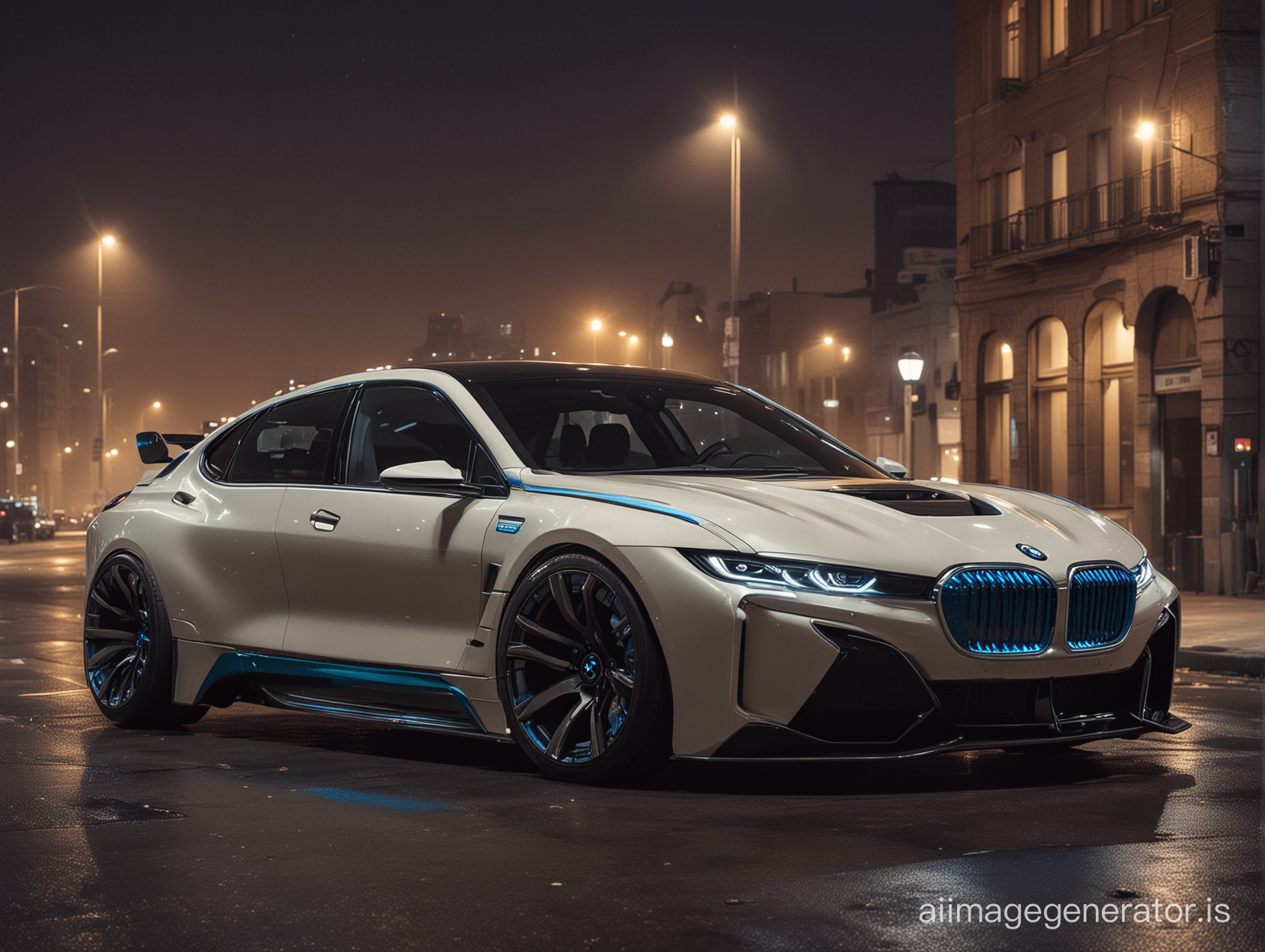Extreme Khyzyl saleem version of the BMW i7 executive car. Heavy modifications. City at night.