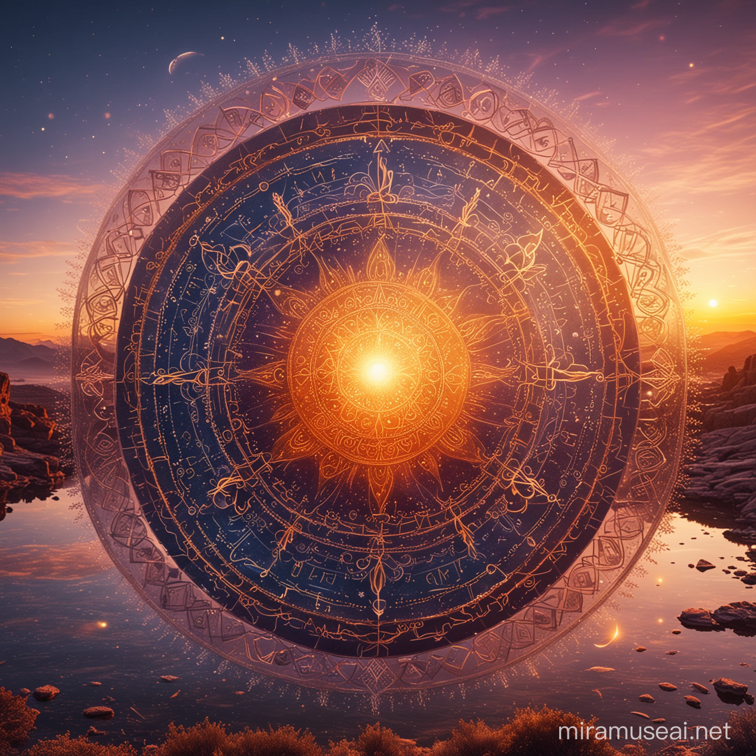 mandala of signs floating in a magical environment with sparkles quantum astrology, sky, wheel of signs in the sky, environment of mystery, lunar eclipse at sunset