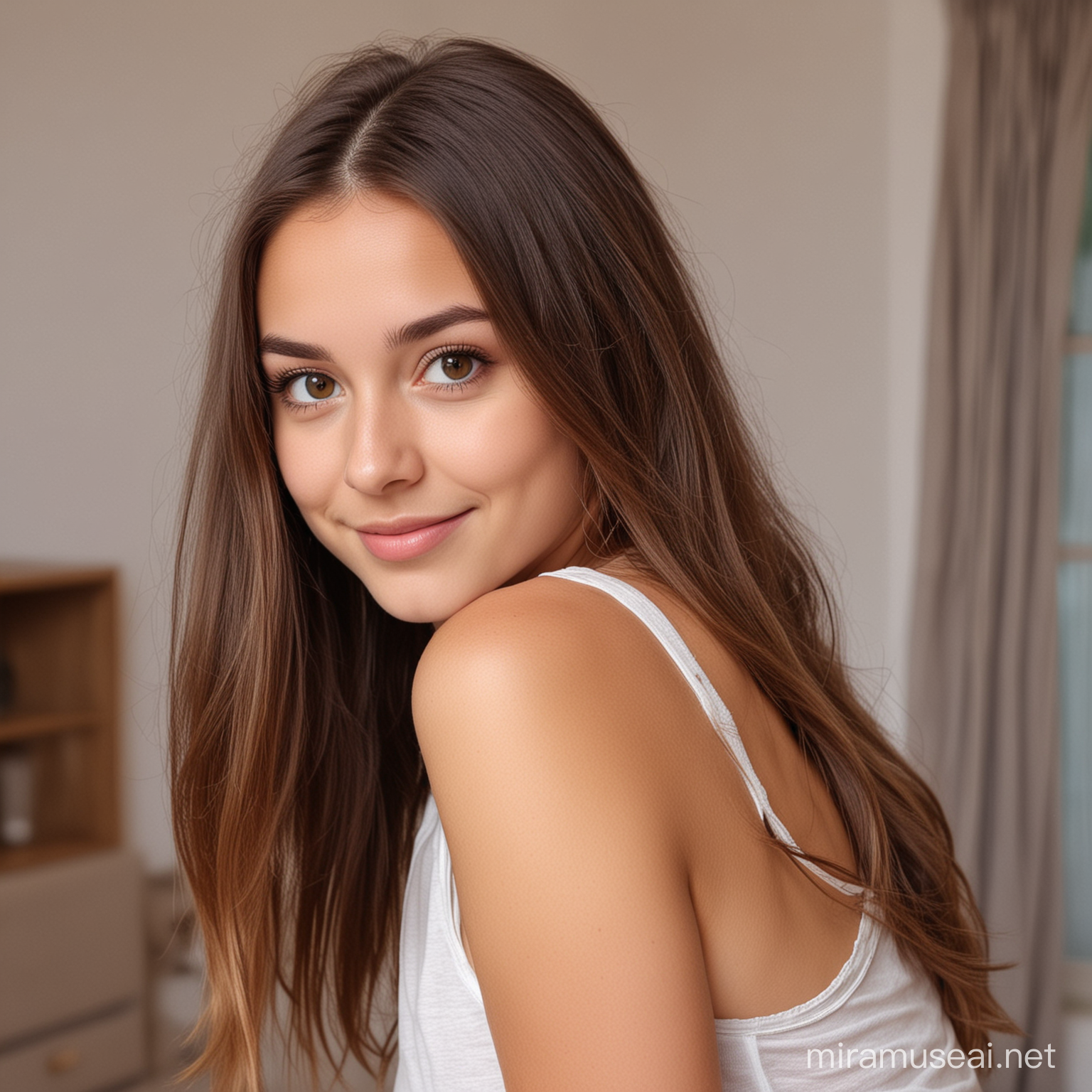 Adorable Young Girl with Beautiful Brunette Hair Relaxing at Home