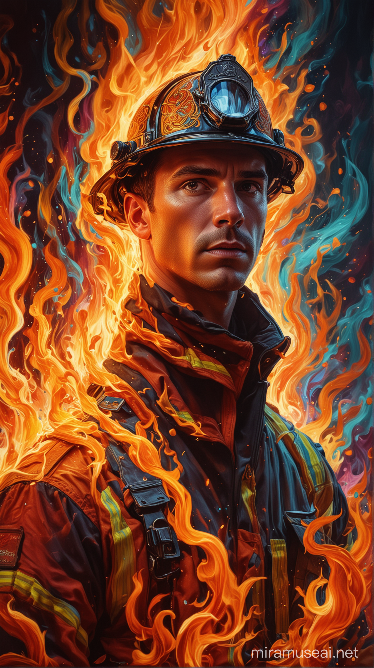 A psychedelic portrait of a fireman, dressed in full uniform, looking into the depths of a vibrant, swirling flame, capture his brave and determined expression in a dreamlike setting. The background is a mesmerizing psychedelic pattern of bright colors, illustrating the intensity and surrealism of his inner world as he grapples with the fierce flames. Place the focus on the fireman's face and the flames, maintaining a balance between reality and imagination.