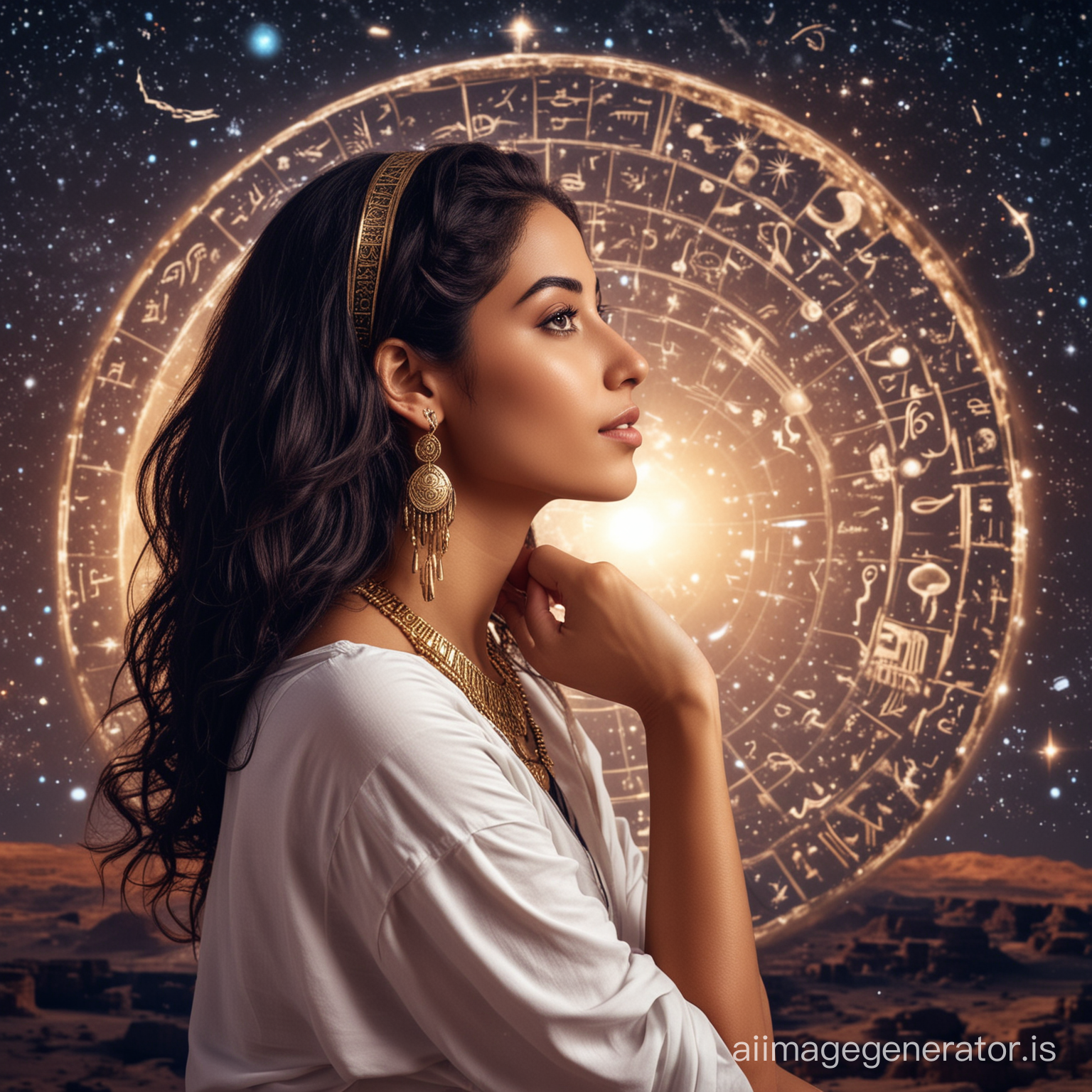 1 beautiful Egyptian woman, Watching astronomy, predicting the future, zodiac signs