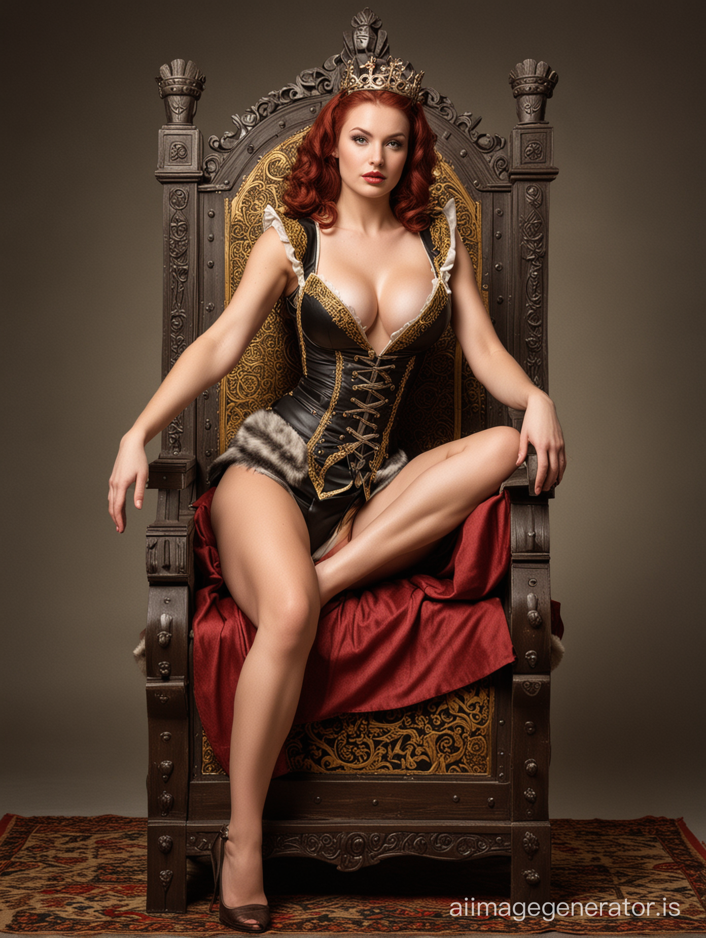  A medieval pinup model posing on a throne