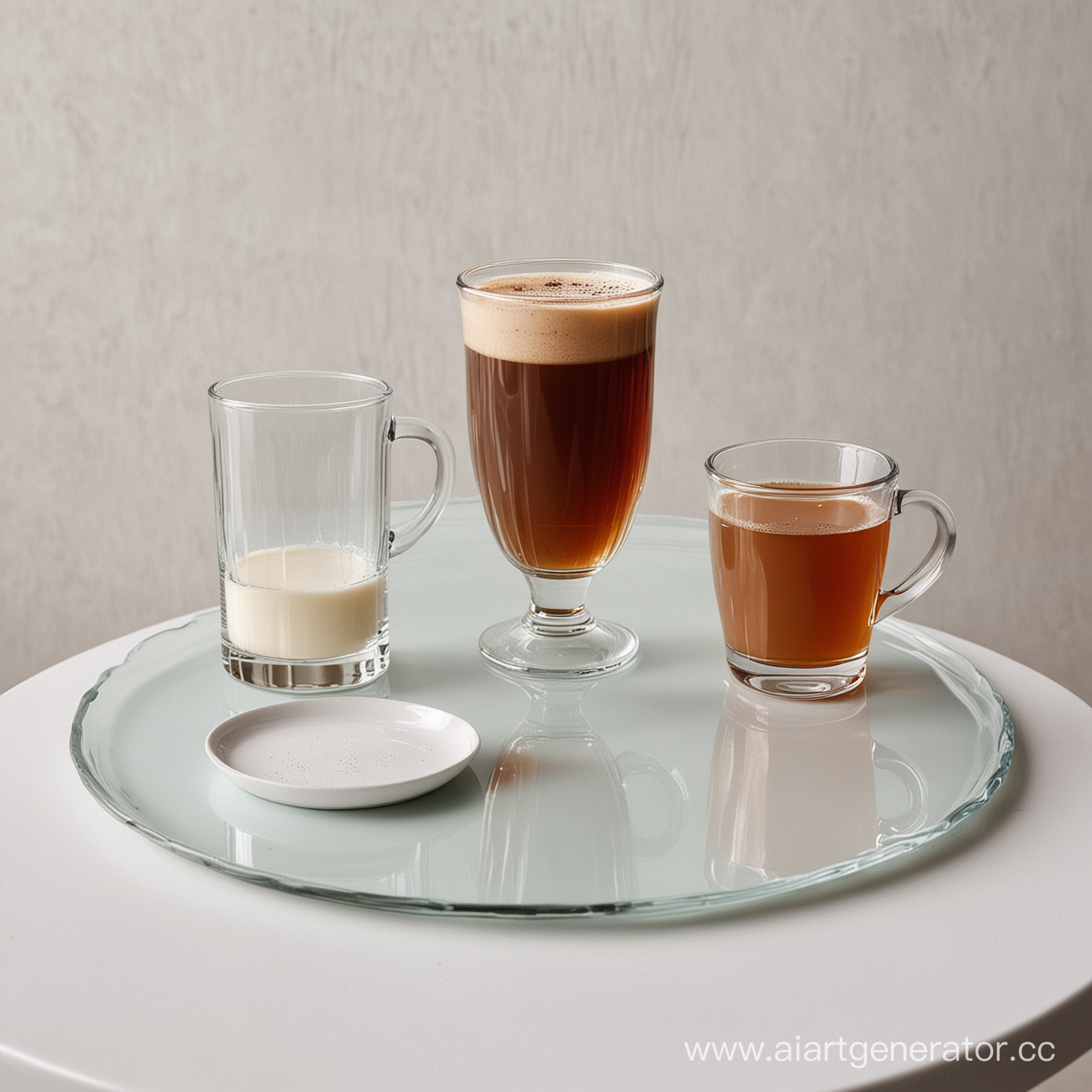 Стакан воды, кружка с кофе, высокая кружка скако, широкий сткан с чаем стоят нв белом столе