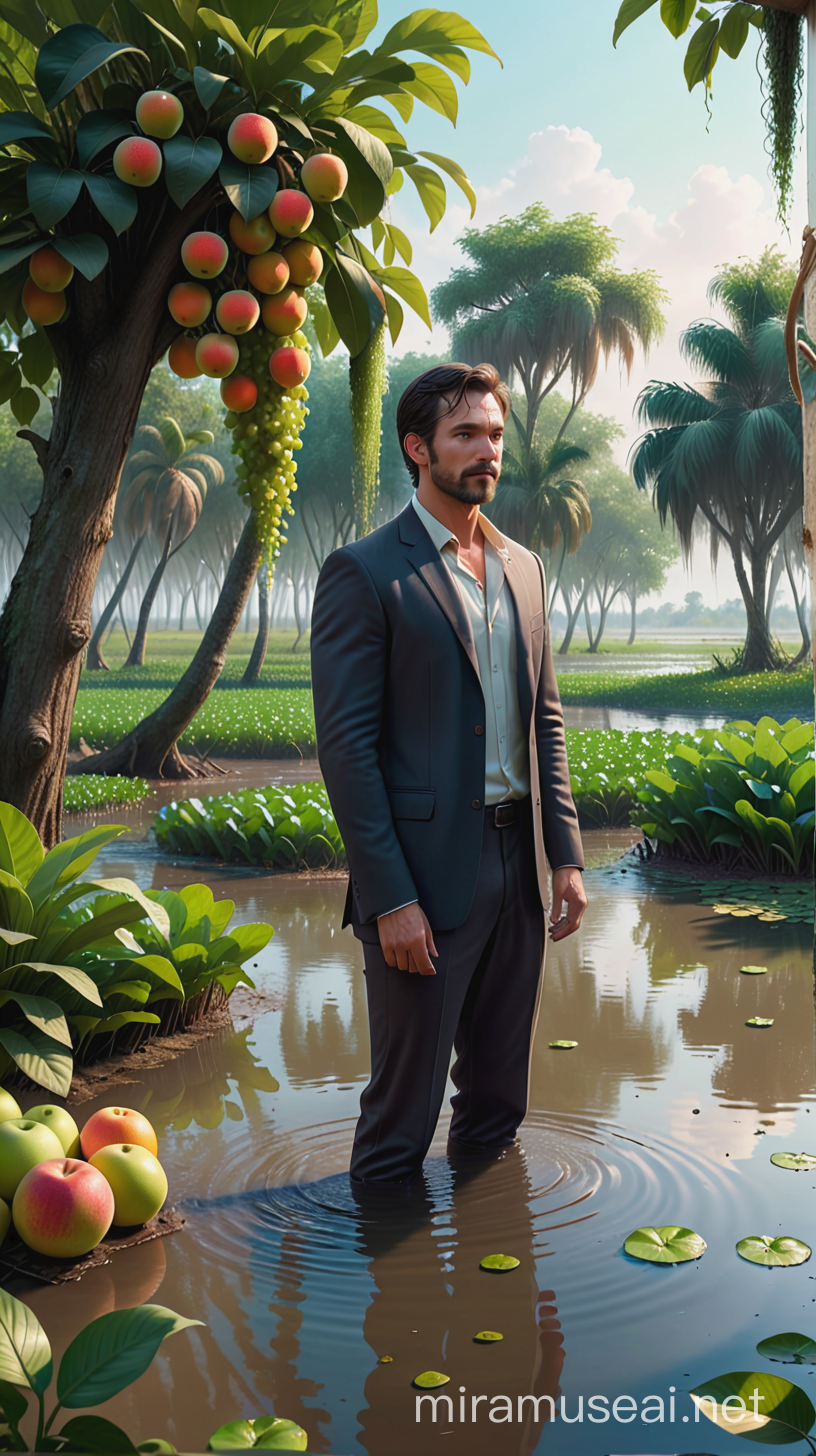 Man Standing Between Swamp and Fruit Garden