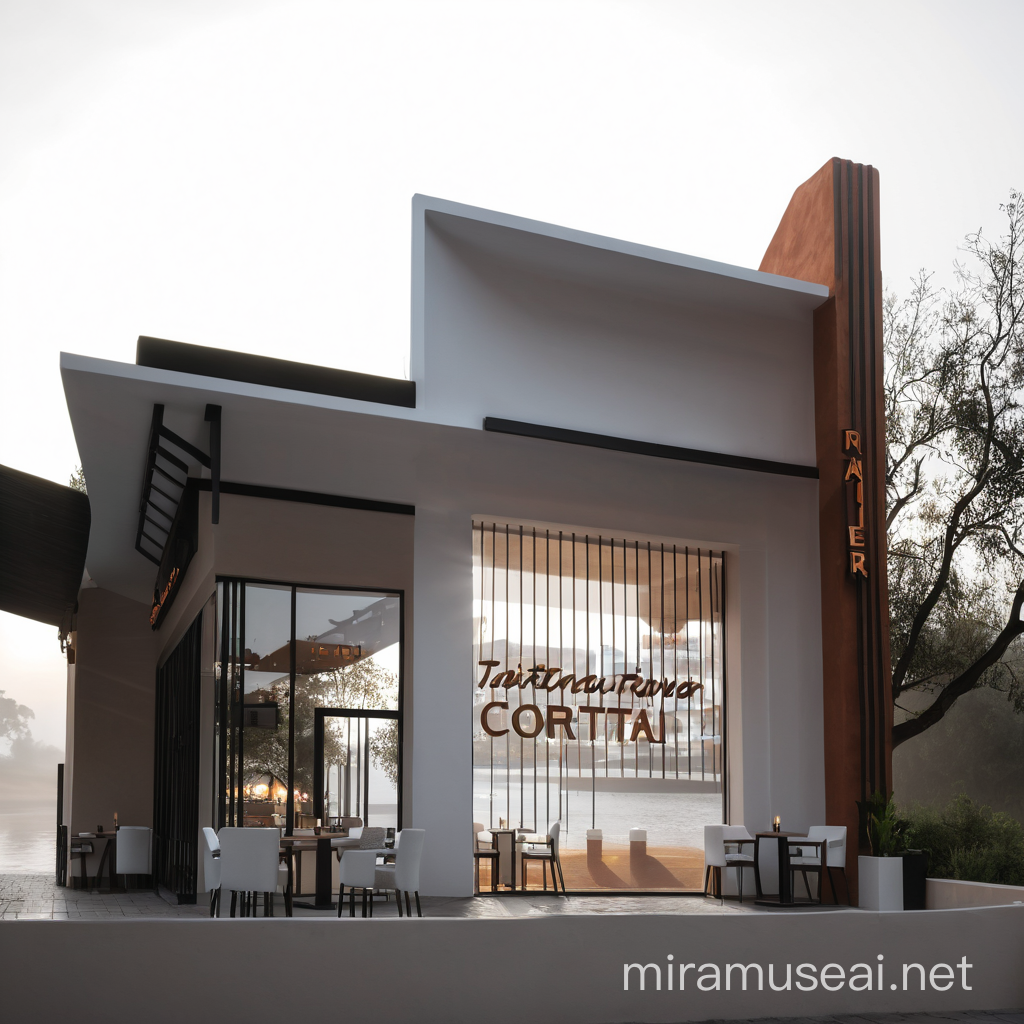 Restaurant with River name and terracotta clay,3d print, glossy white, tiered, dusty foggy, windy, sunrise, low light, artificial lighting, cinematic photography.
