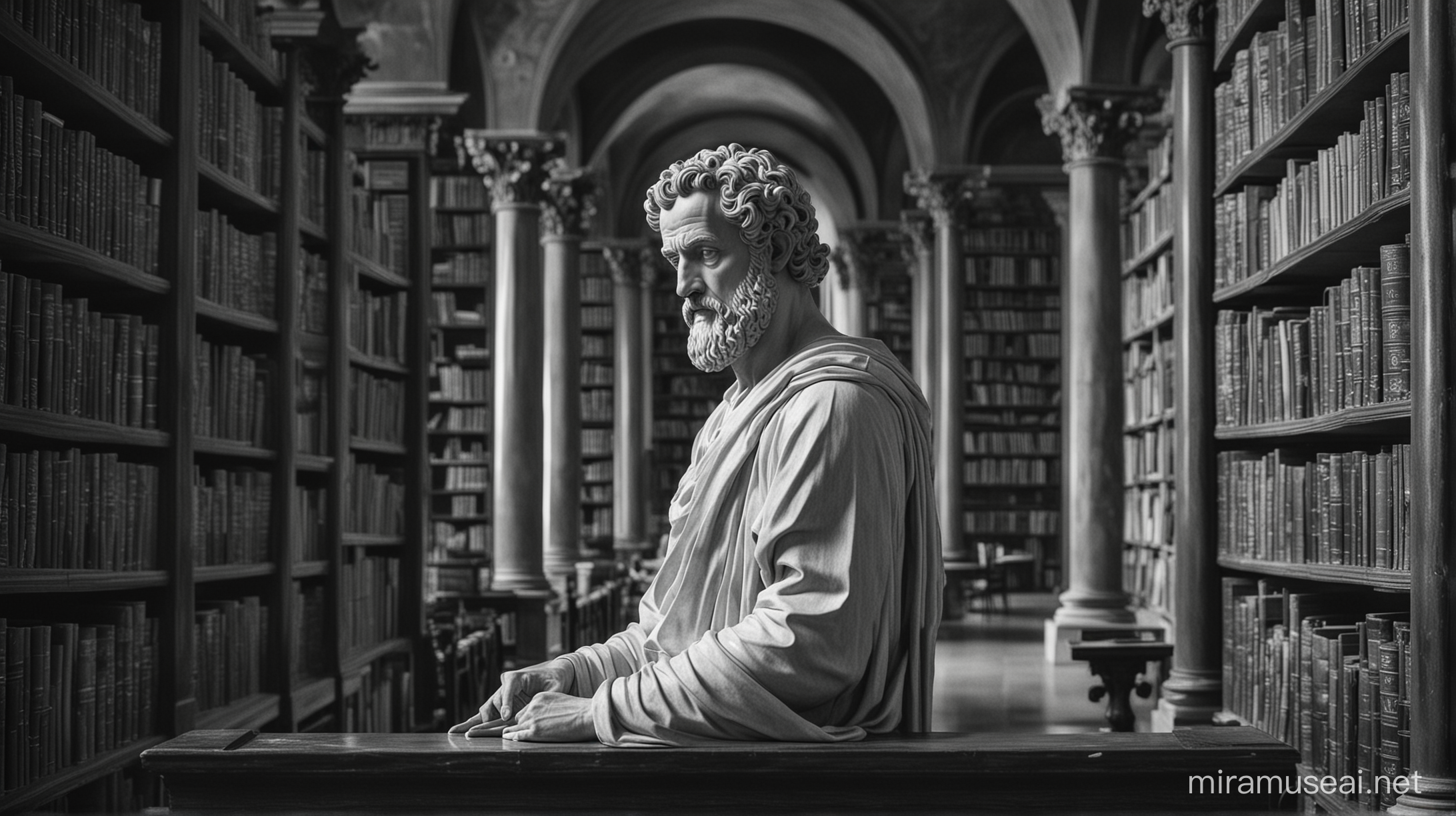 Create a black and white image of an ancient Stoic philosopher in a professional setting. The character should be depicted [The Stoic philosopher standing in a grand library, surrounded by shelves of scrolls and books, deep in thought] reflecting the principles of Stoicism